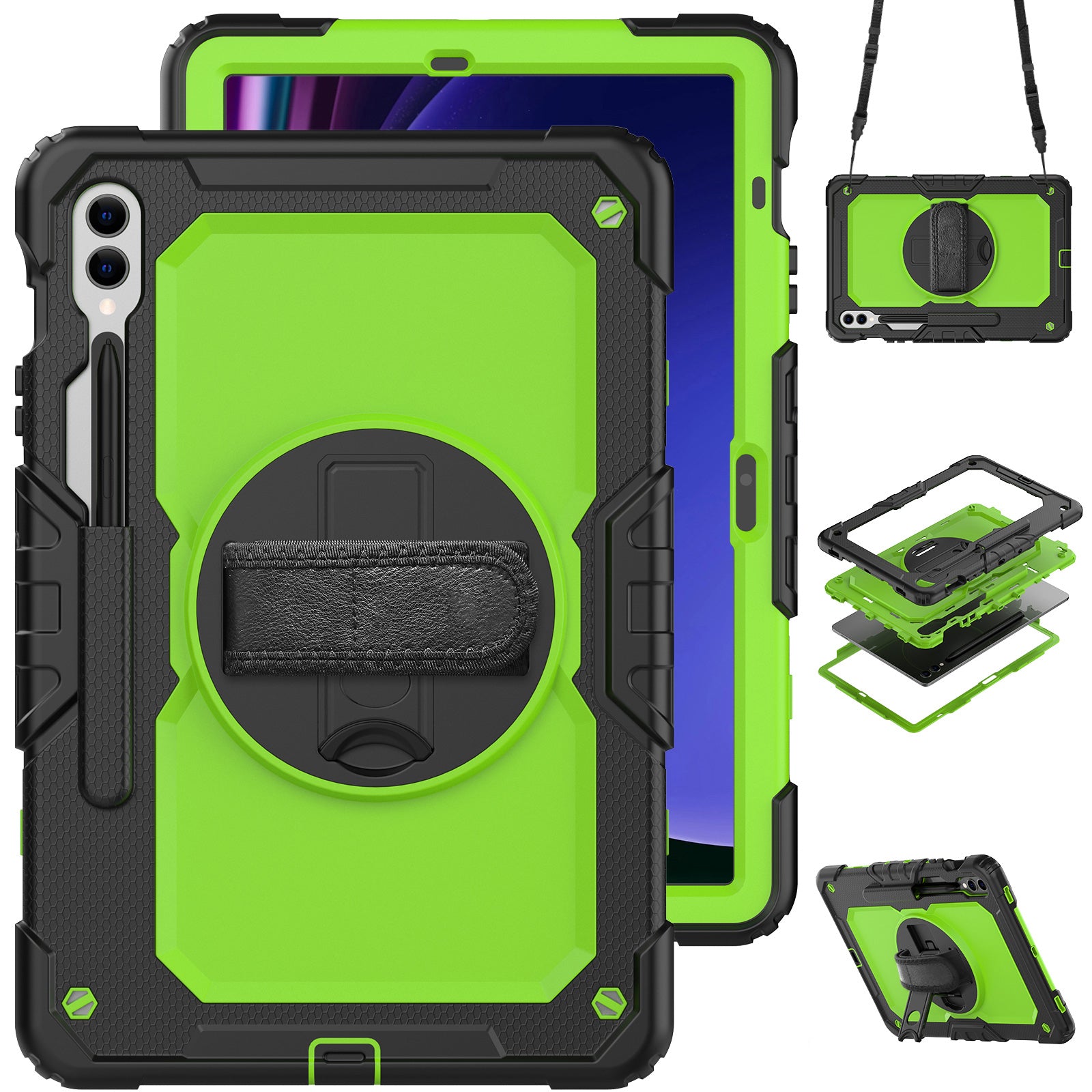 For Samsung Galaxy Tab S9 FE+ SM-X610 SM-X616B Tablet Cover PC+Silicone Case with PET Screen Protector and Kickstand - Yellow-green+Black