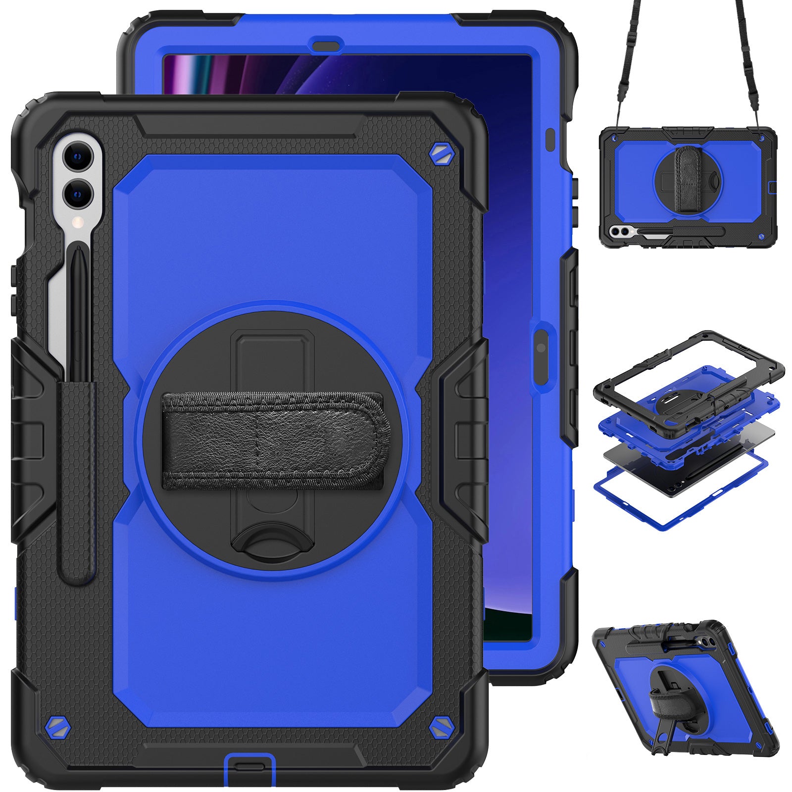 For Samsung Galaxy Tab S9 FE+ SM-X610 SM-X616B Tablet Cover PC+Silicone Case with PET Screen Protector and Kickstand -  Dark Blue+Black