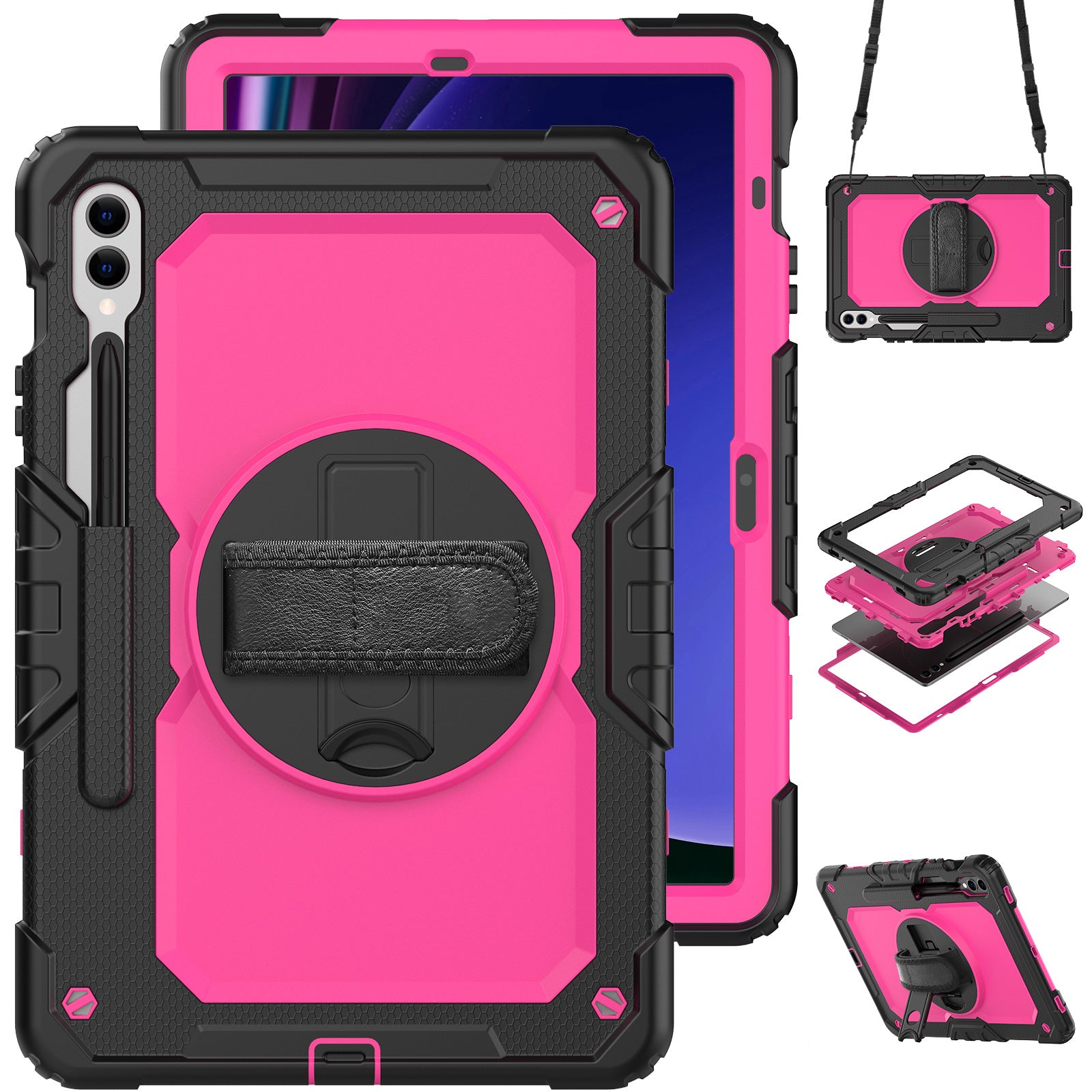 For Samsung Galaxy Tab S9 FE+ SM-X610 SM-X616B Tablet Cover PC+Silicone Case with PET Screen Protector and Kickstand - Rose +Black