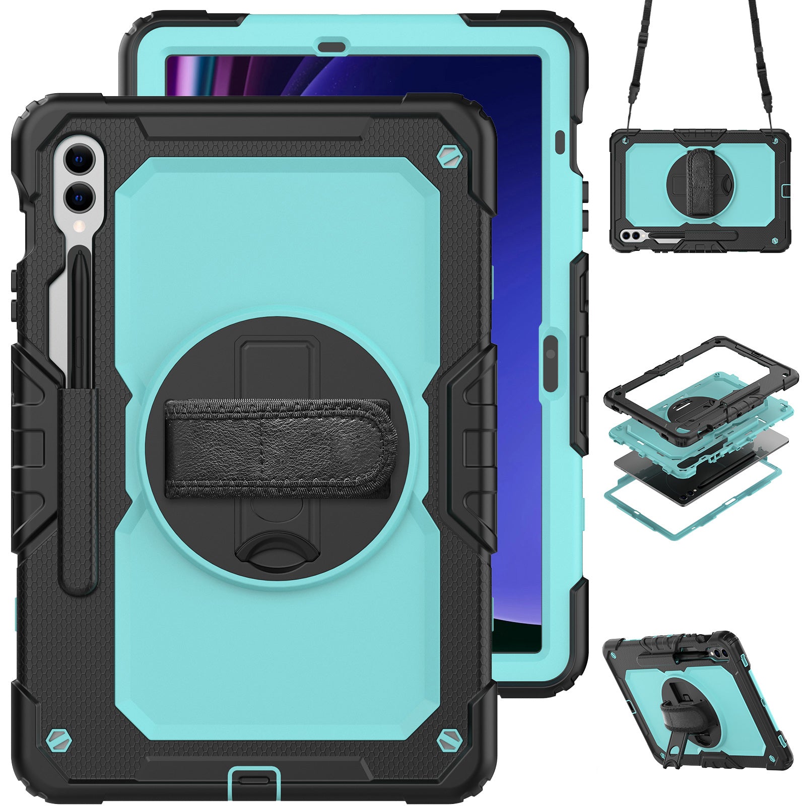 For Samsung Galaxy Tab S9 FE+ SM-X610 SM-X616B Tablet Cover PC+Silicone Case with PET Screen Protector and Kickstand -  Light Blue+Black