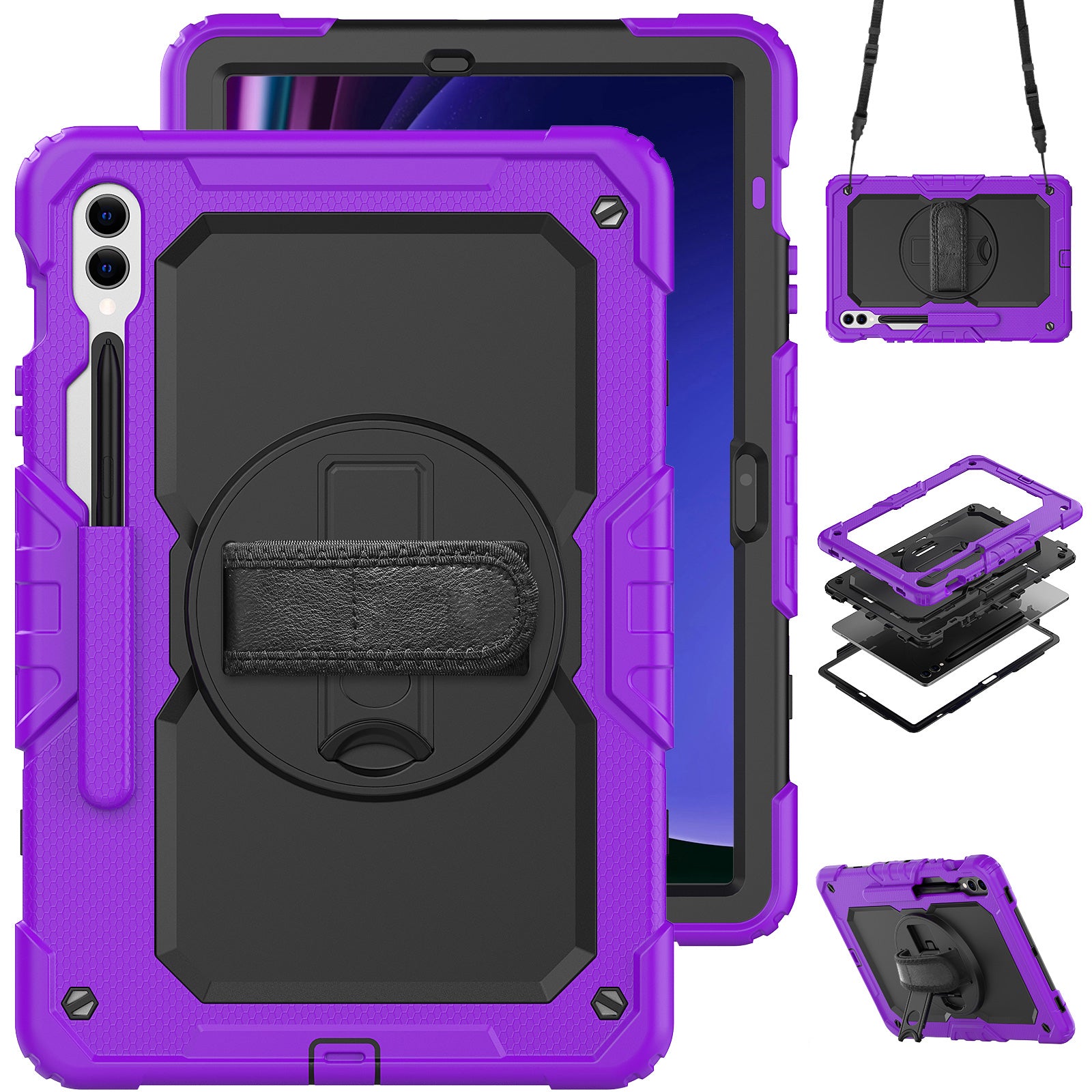 For Samsung Galaxy Tab S9 FE+ SM-X610 SM-X616B Tablet Cover PC+Silicone Case with PET Screen Protector and Kickstand - Black+Purple