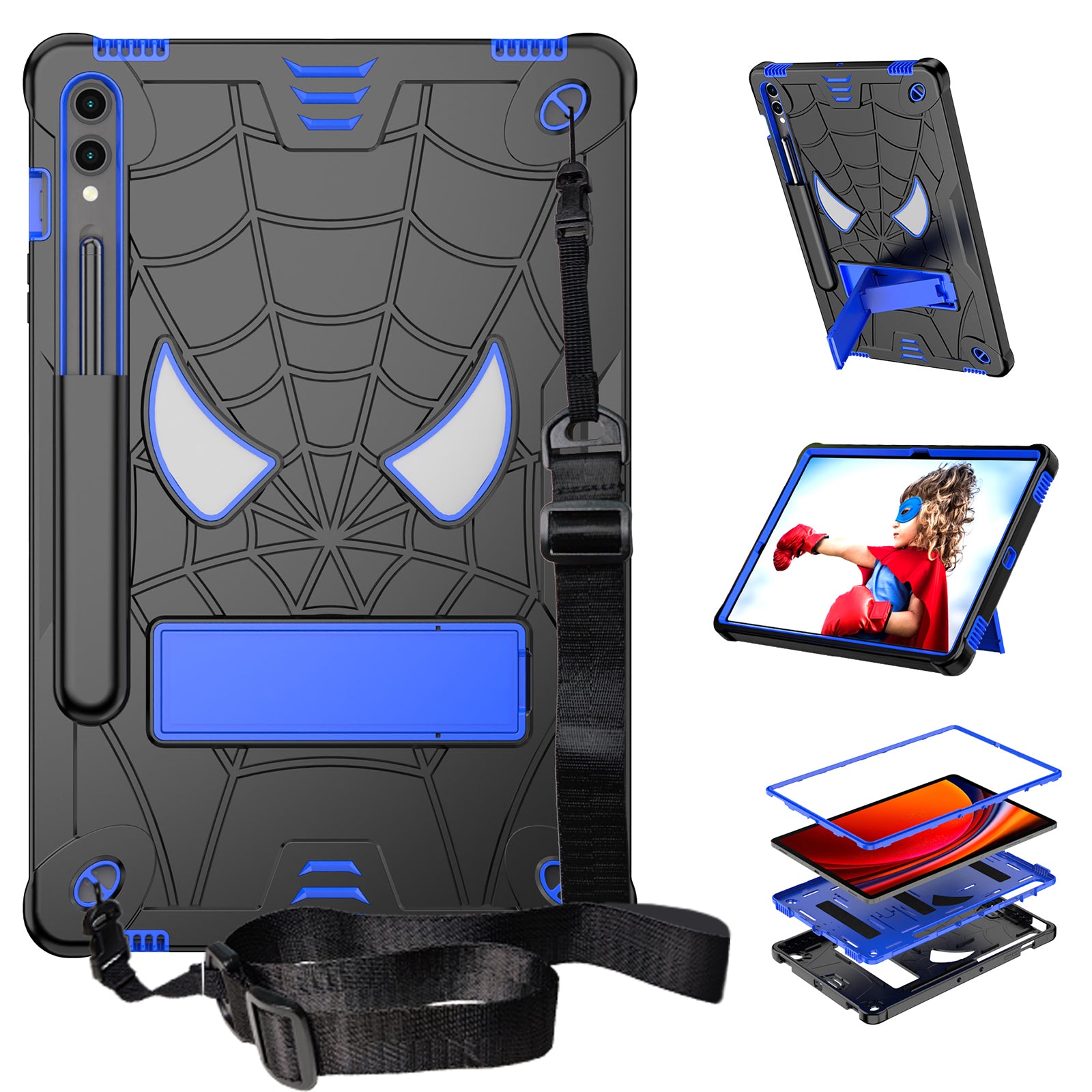 For Samsung Galaxy Tab S9+ / Tab S9 FE+ Kickstand Tablet Case Spider Style Shockproof Cover - Black+Blue