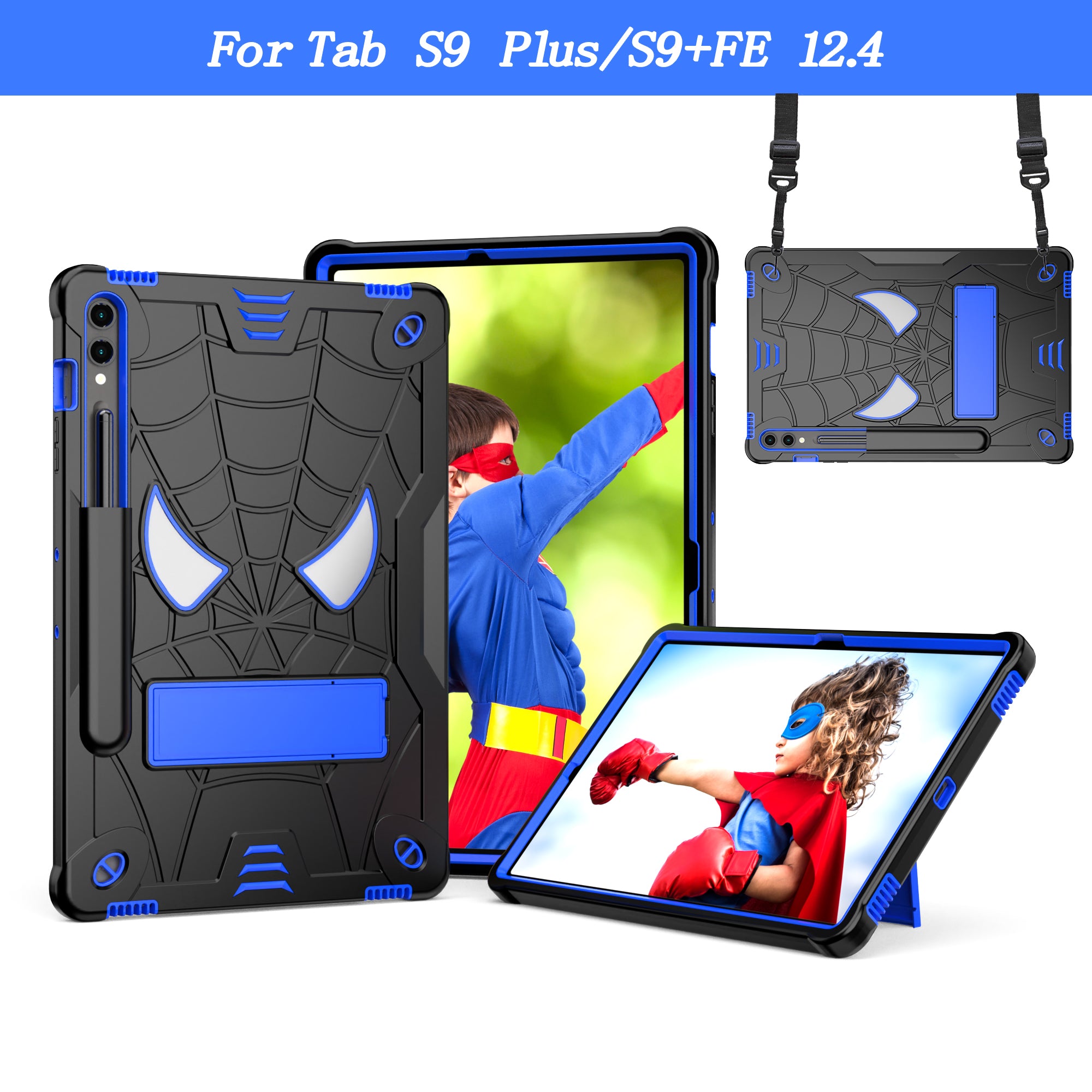 For Samsung Galaxy Tab S9+ / Tab S9 FE+ Kickstand Tablet Case Spider Style Shockproof Cover - Black+Blue