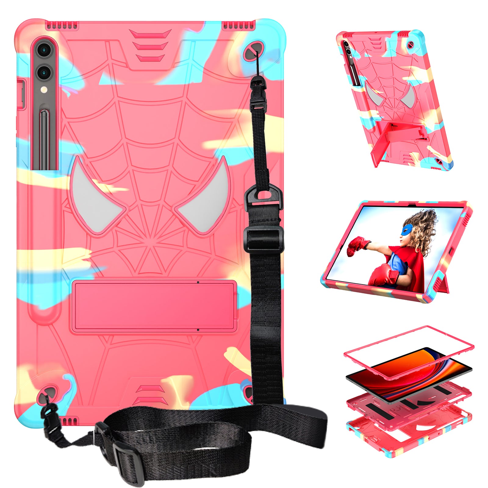 For Samsung Galaxy Tab S9+ / Tab S9 FE+ Kickstand Tablet Case Spider Style Shockproof Cover - Camouflage+Rose