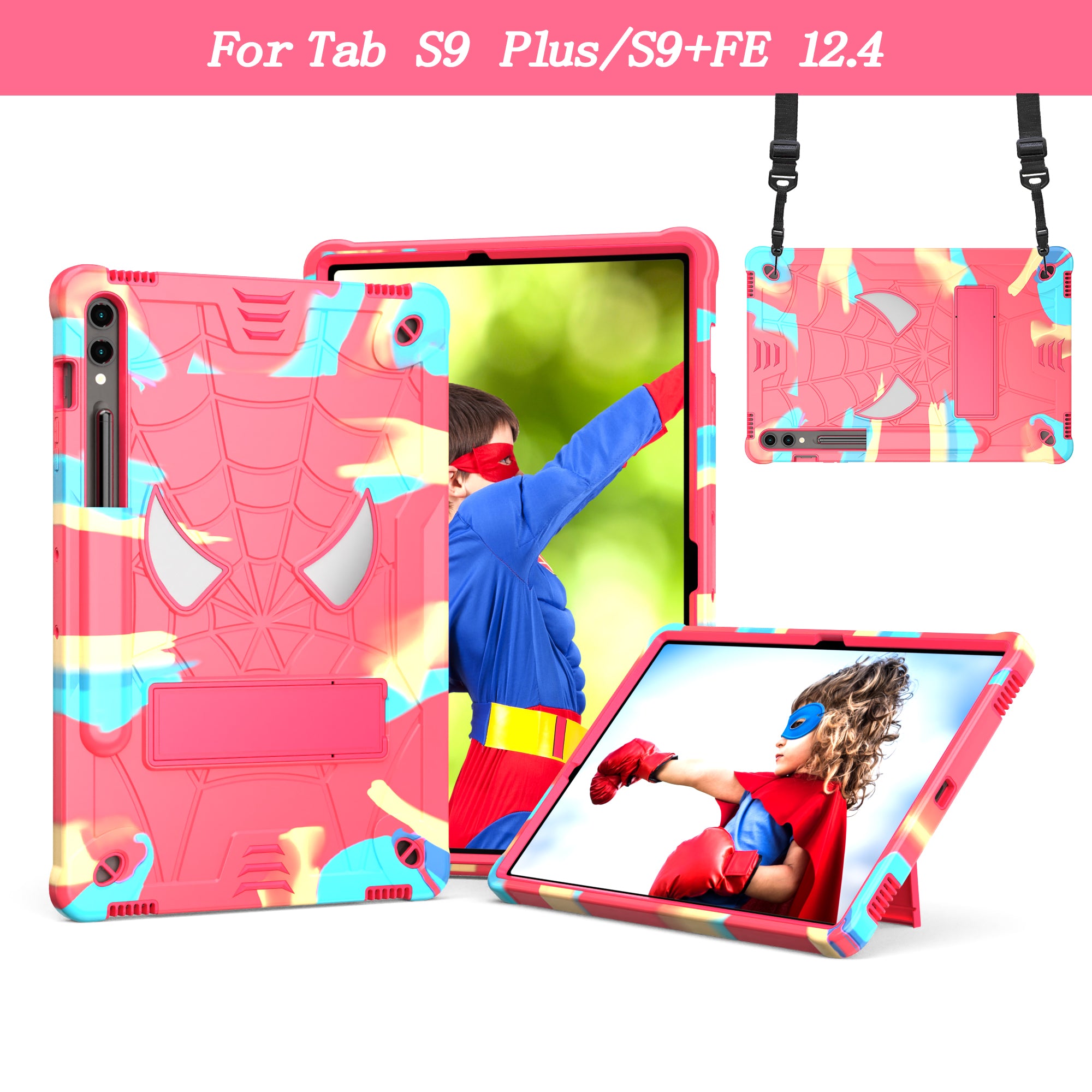 For Samsung Galaxy Tab S9+ / Tab S9 FE+ Kickstand Tablet Case Spider Style Shockproof Cover - Camouflage+Rose