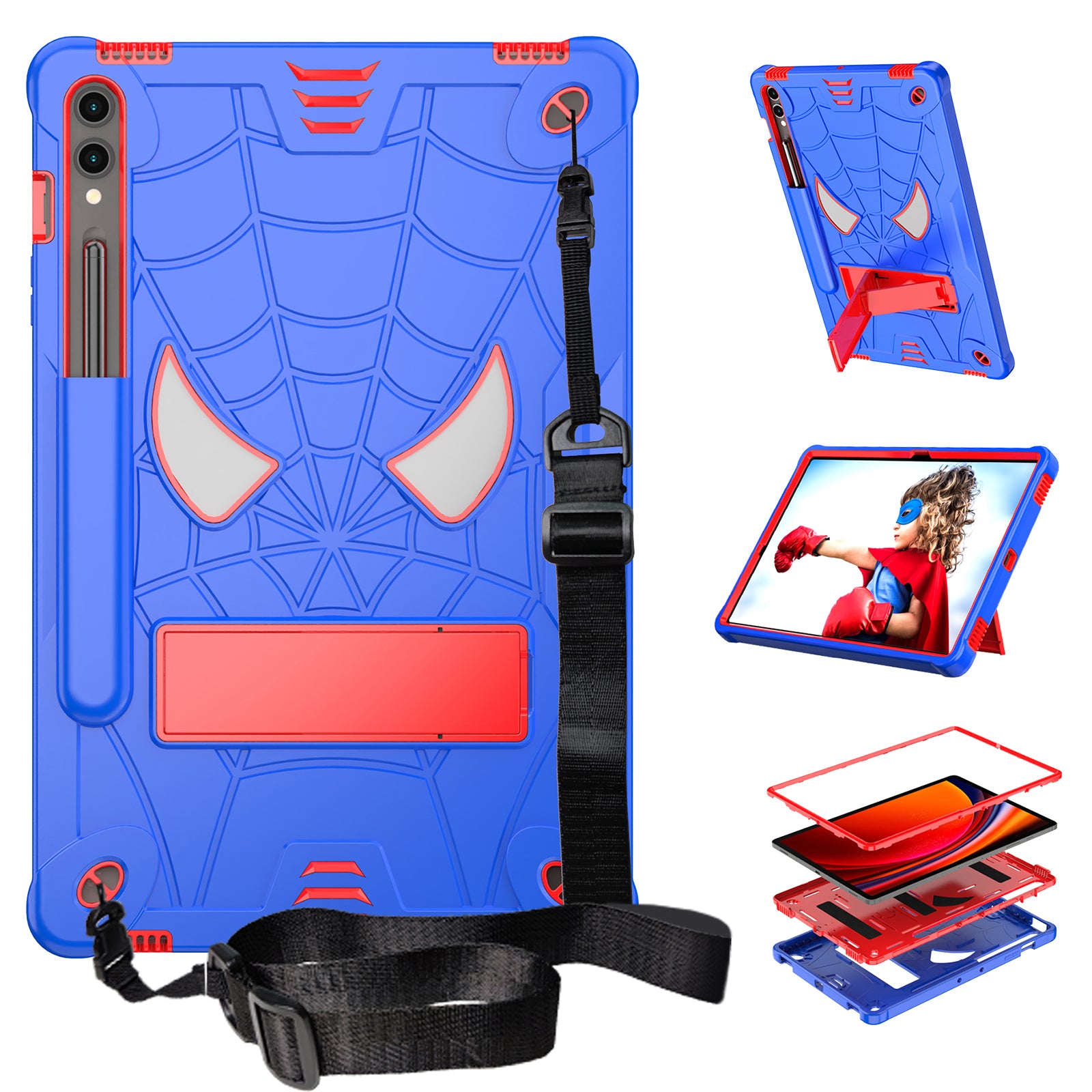 For Samsung Galaxy Tab S9+ / Tab S9 FE+ Kickstand Tablet Case Spider Style Shockproof Cover - Blue+Red