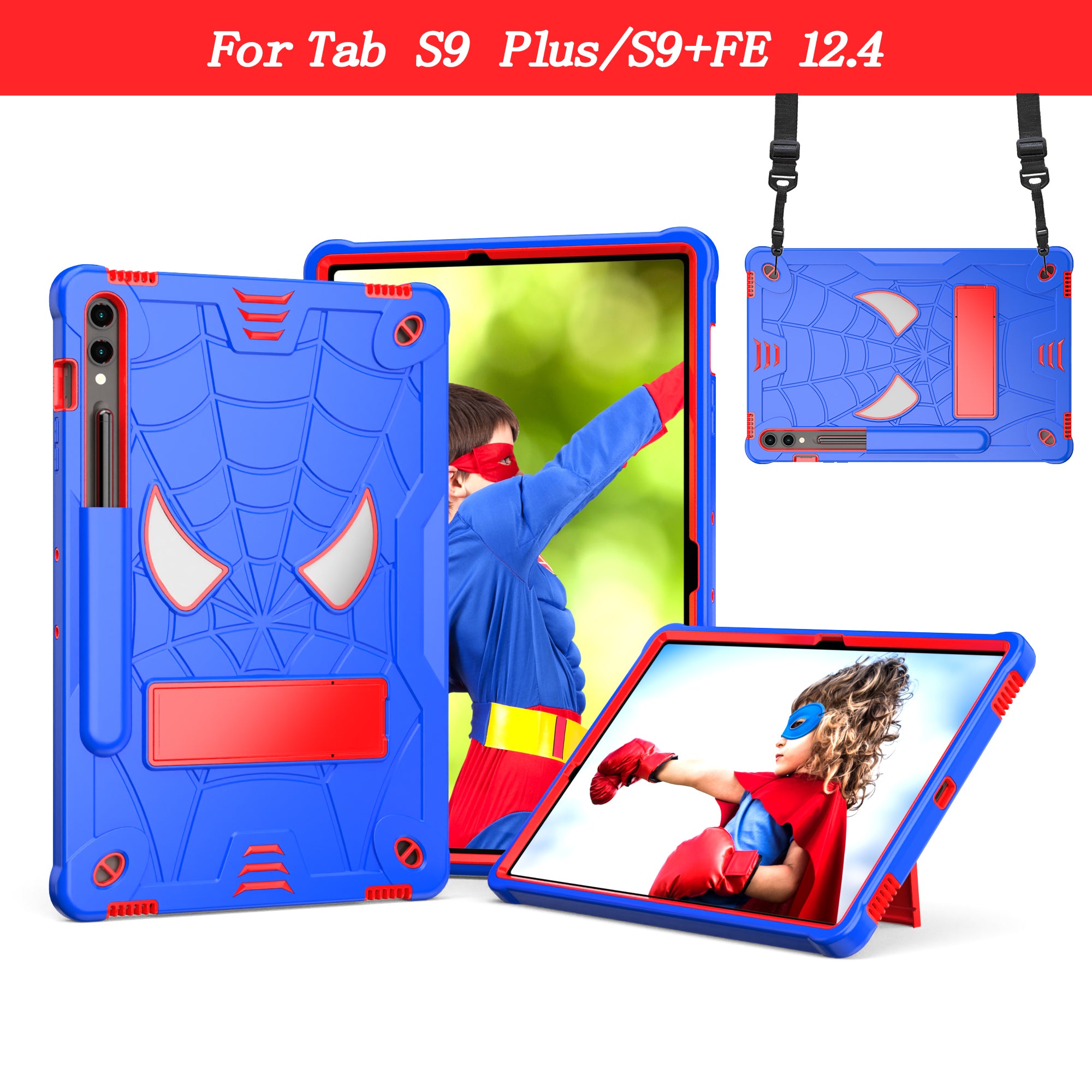 For Samsung Galaxy Tab S9+ / Tab S9 FE+ Kickstand Tablet Case Spider Style Shockproof Cover - Blue+Red