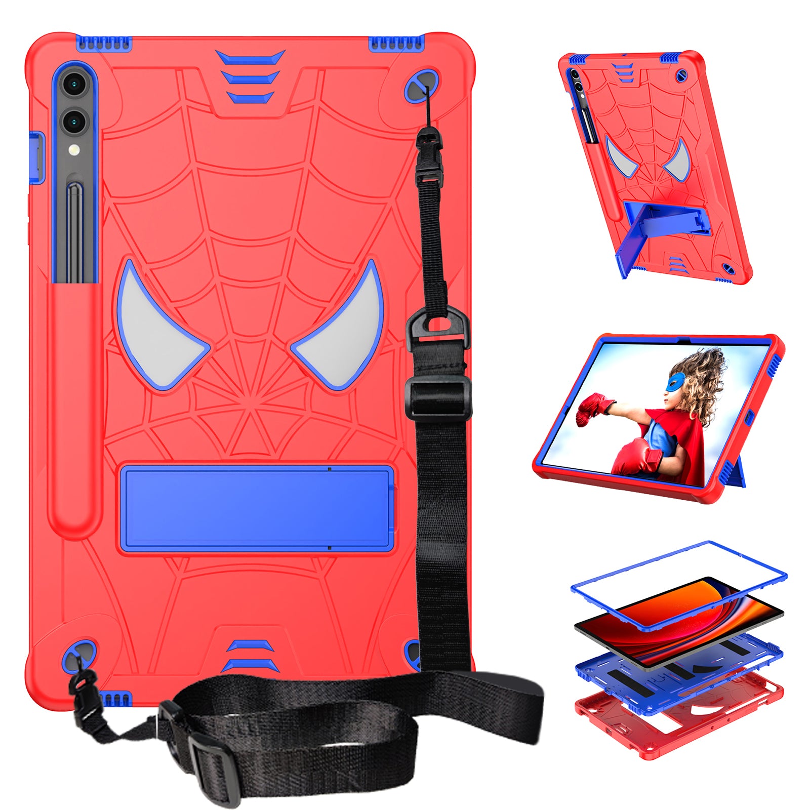 For Samsung Galaxy Tab S9+ / Tab S9 FE+ Kickstand Tablet Case Spider Style Shockproof Cover - Red+Blue