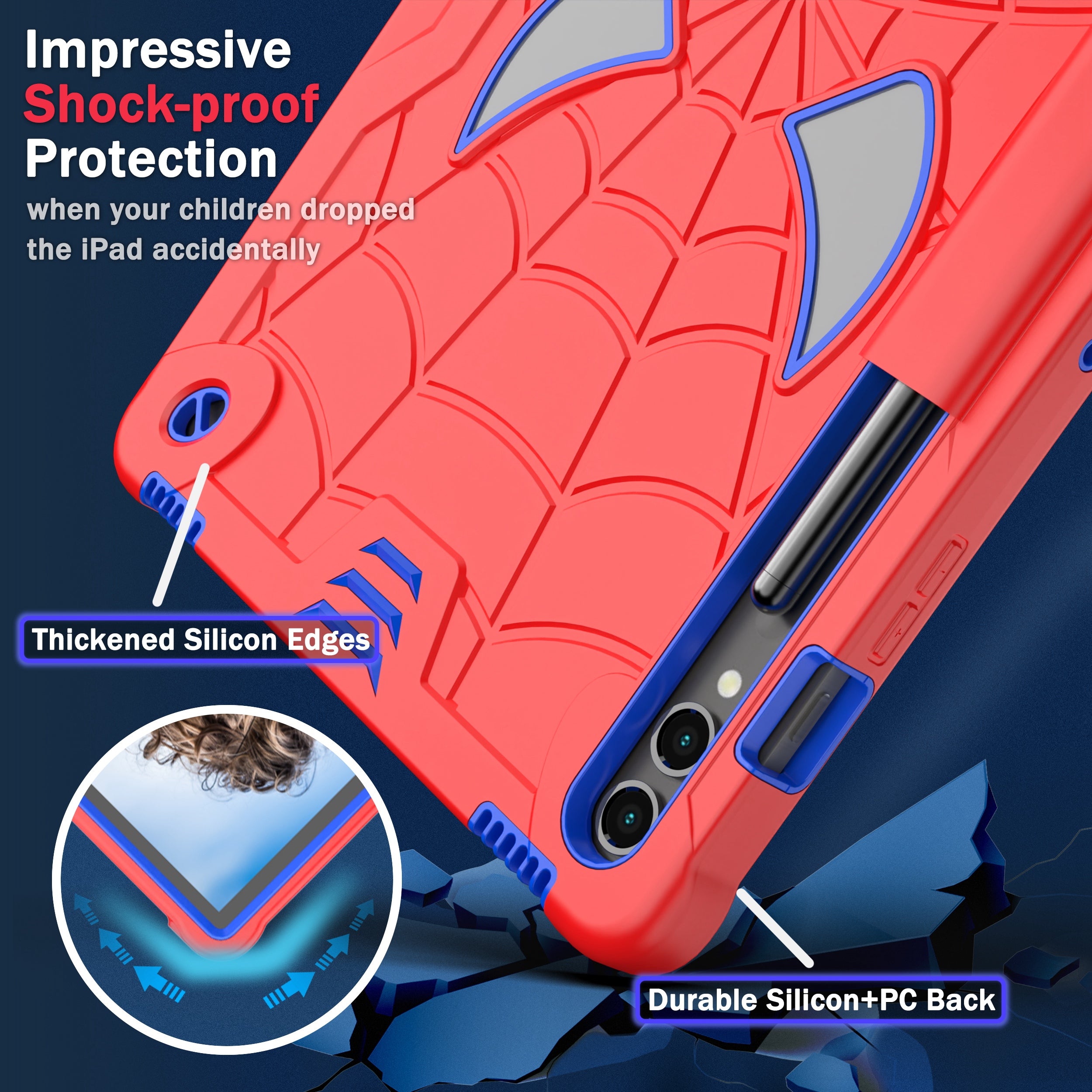 For Samsung Galaxy Tab S9+ / Tab S9 FE+ Kickstand Tablet Case Spider Style Shockproof Cover - Red+Blue