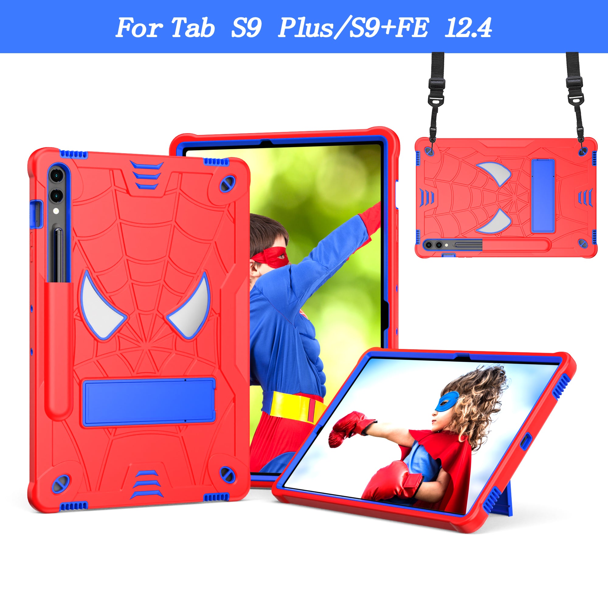 For Samsung Galaxy Tab S9+ / Tab S9 FE+ Kickstand Tablet Case Spider Style Shockproof Cover - Red+Blue