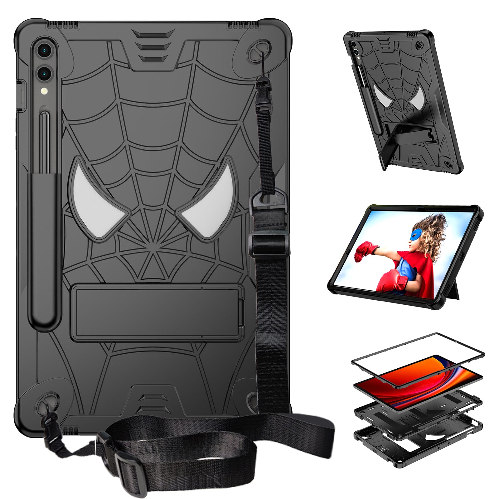 For Samsung Galaxy Tab S9+ / Tab S9 FE+ Kickstand Tablet Case Spider Style Shockproof Cover - Black+Black