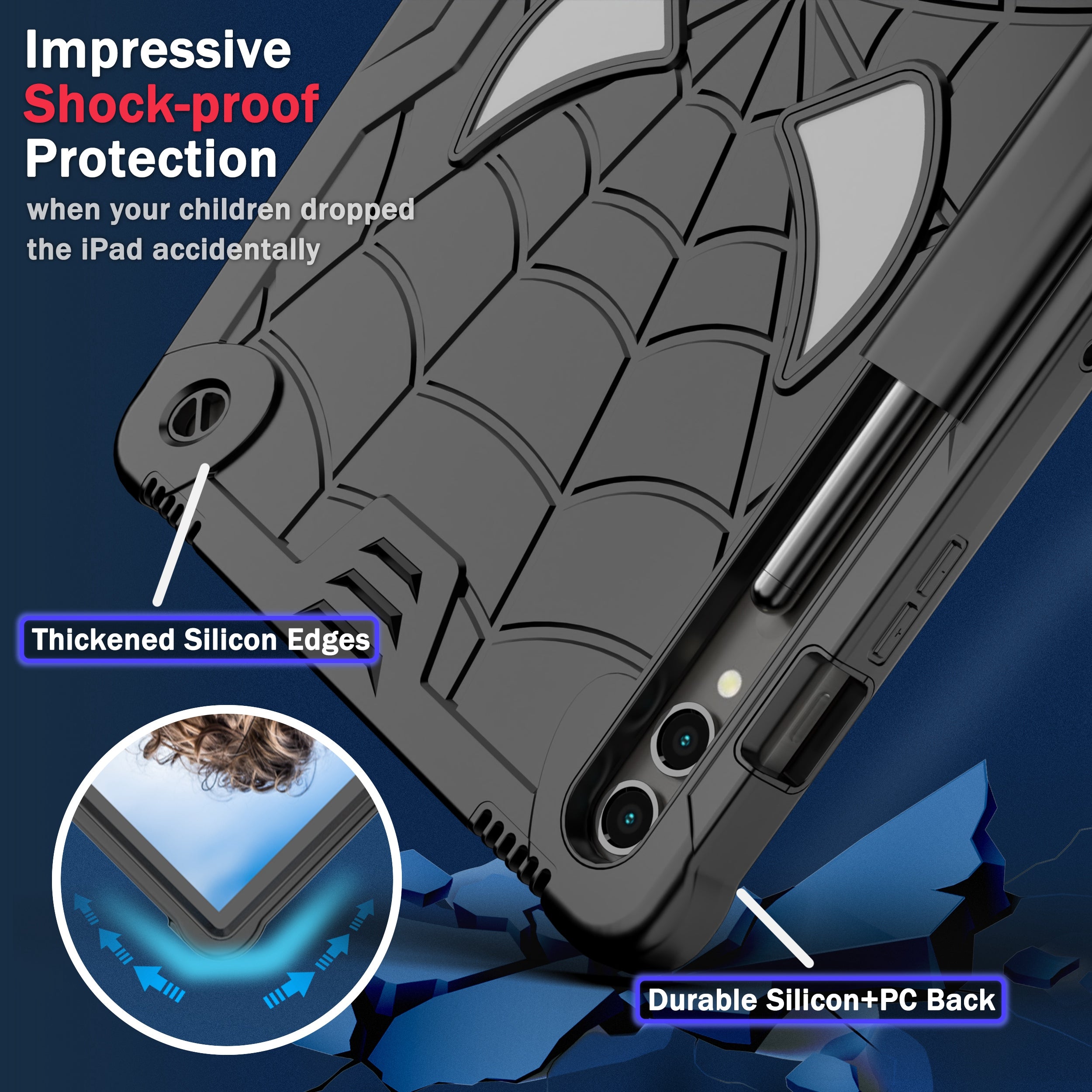 For Samsung Galaxy Tab S9+ / Tab S9 FE+ Kickstand Tablet Case Spider Style Shockproof Cover - Black+Black