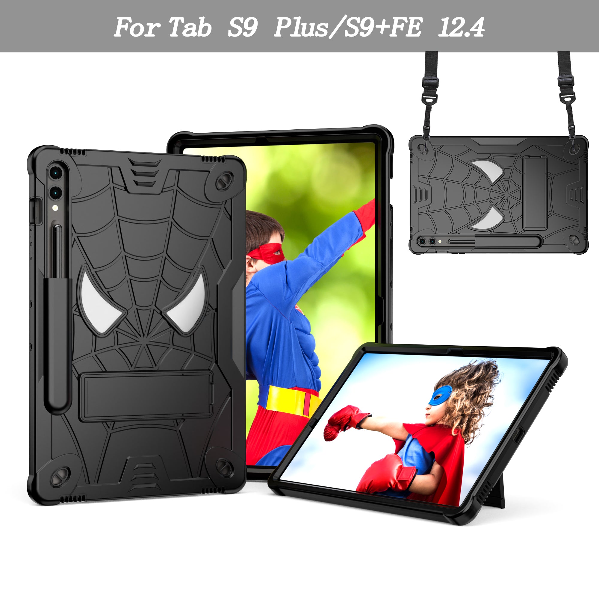 For Samsung Galaxy Tab S9+ / Tab S9 FE+ Kickstand Tablet Case Spider Style Shockproof Cover - Black+Black