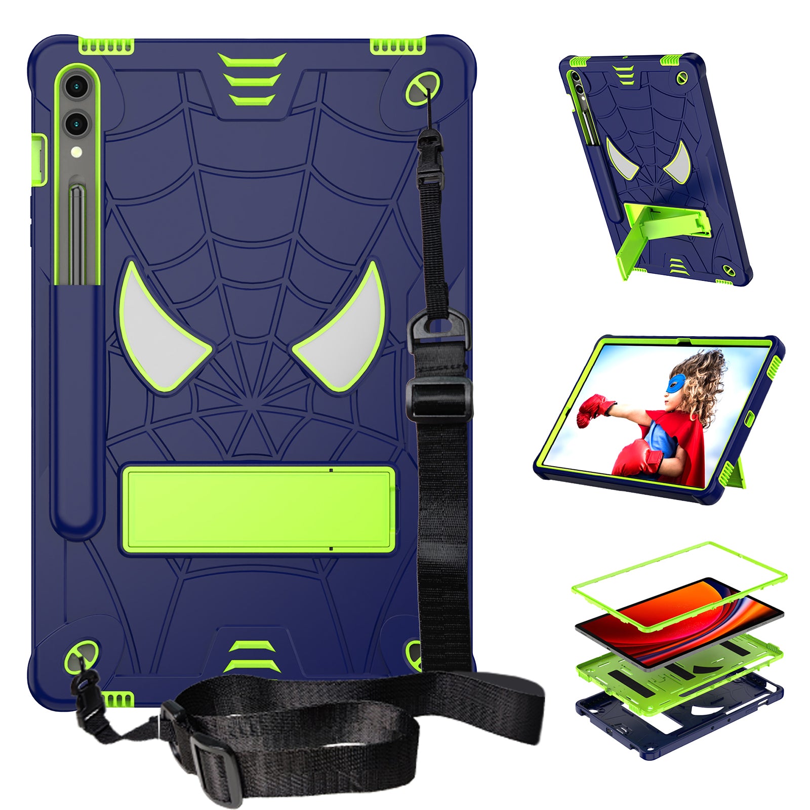 For Samsung Galaxy Tab S9+ / Tab S9 FE+ Kickstand Tablet Case Spider Style Shockproof Cover - Navy Blue+Yellow Green