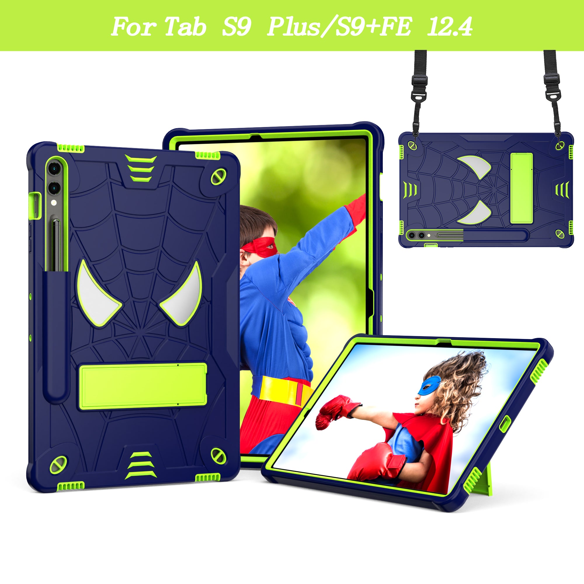 For Samsung Galaxy Tab S9+ / Tab S9 FE+ Kickstand Tablet Case Spider Style Shockproof Cover - Navy Blue+Yellow Green