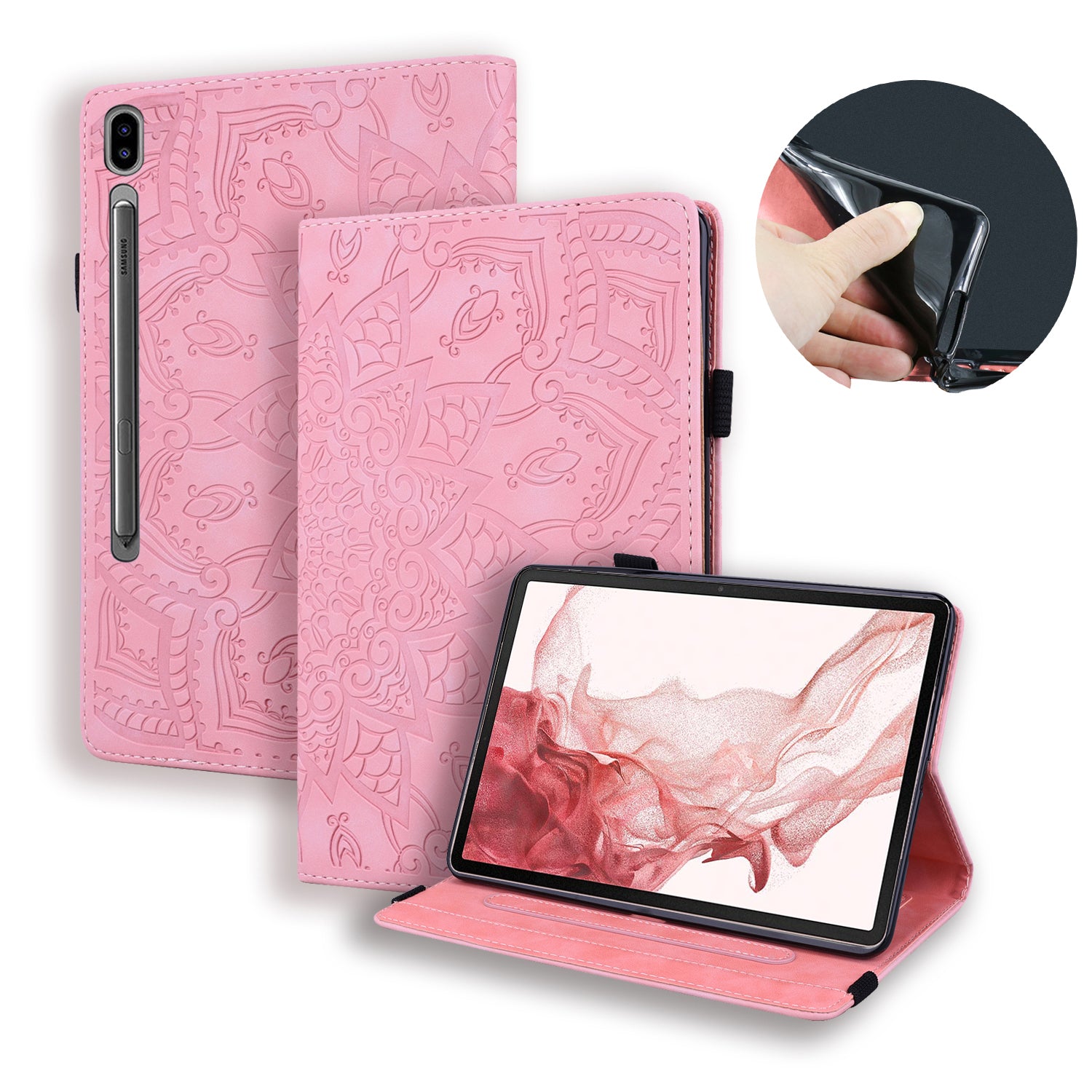 For Samsung Galaxy Tab S9 FE+ Tablet Case Card Slots Leather Cover Flower Pattern - Pink