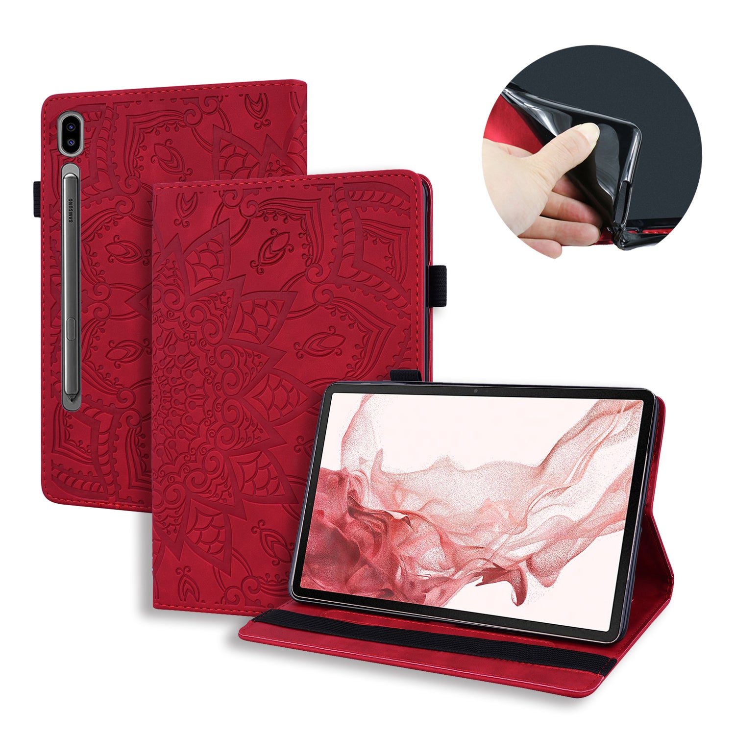 For Samsung Galaxy Tab S9 FE+ Tablet Case Card Slots Leather Cover Flower Pattern - Red