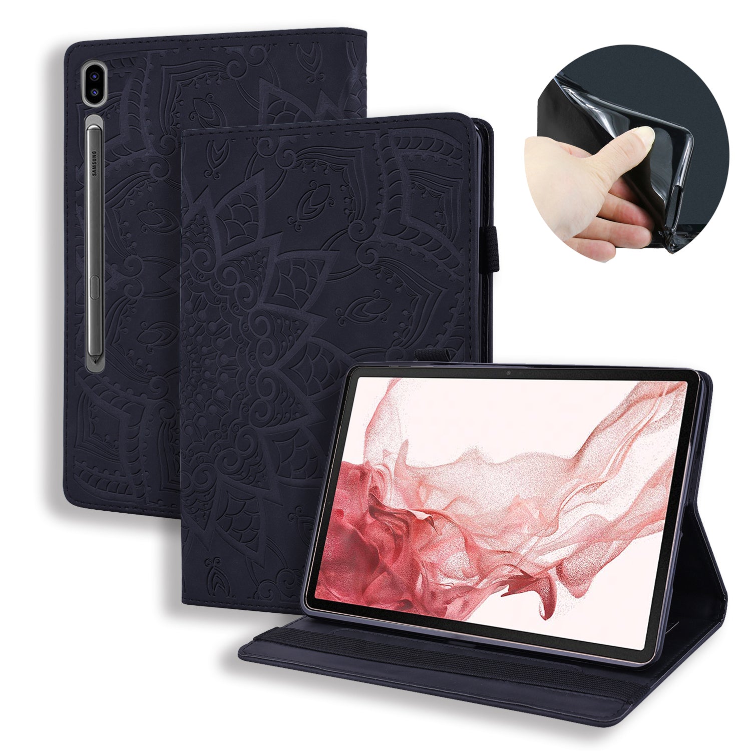 For Samsung Galaxy Tab S9 FE+ Tablet Case Card Slots Leather Cover Flower Pattern - Black