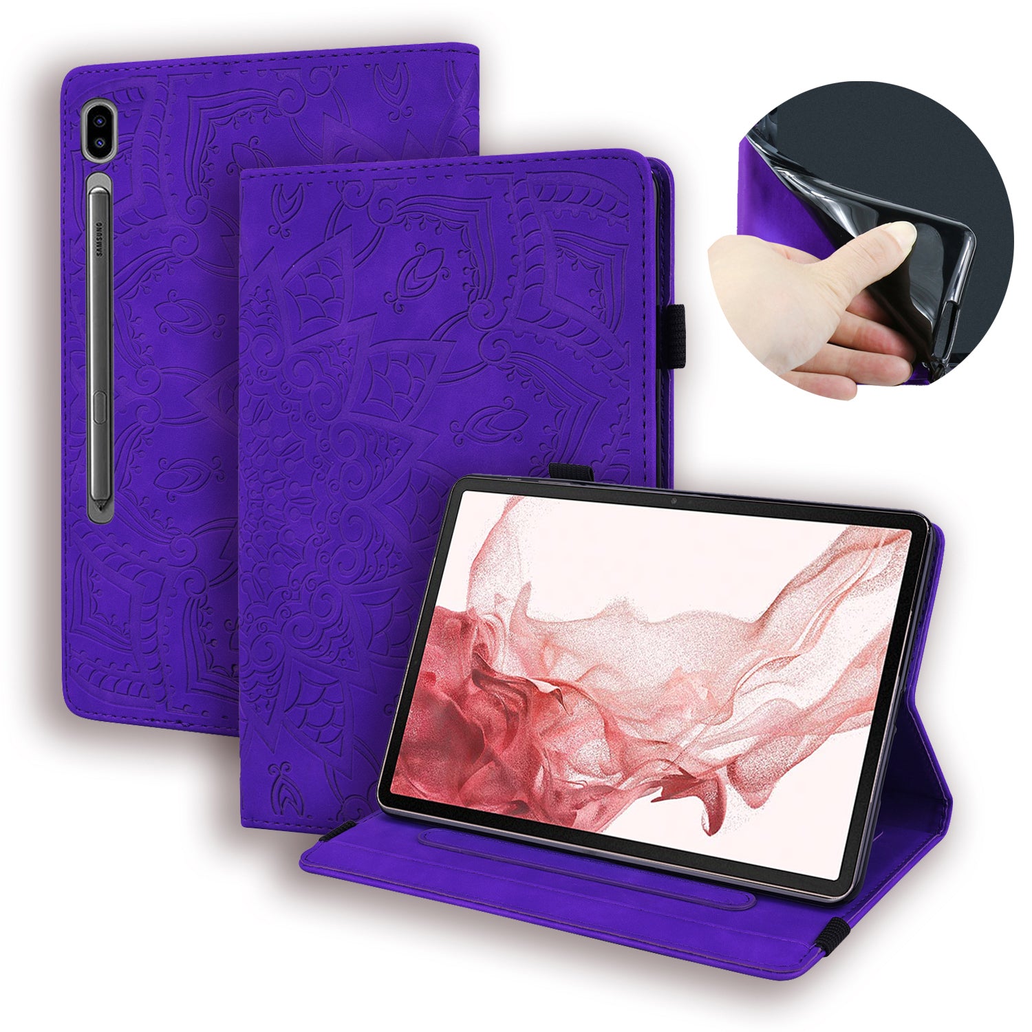 For Samsung Galaxy Tab S9 FE+ Tablet Case Card Slots Leather Cover Flower Pattern - Purple