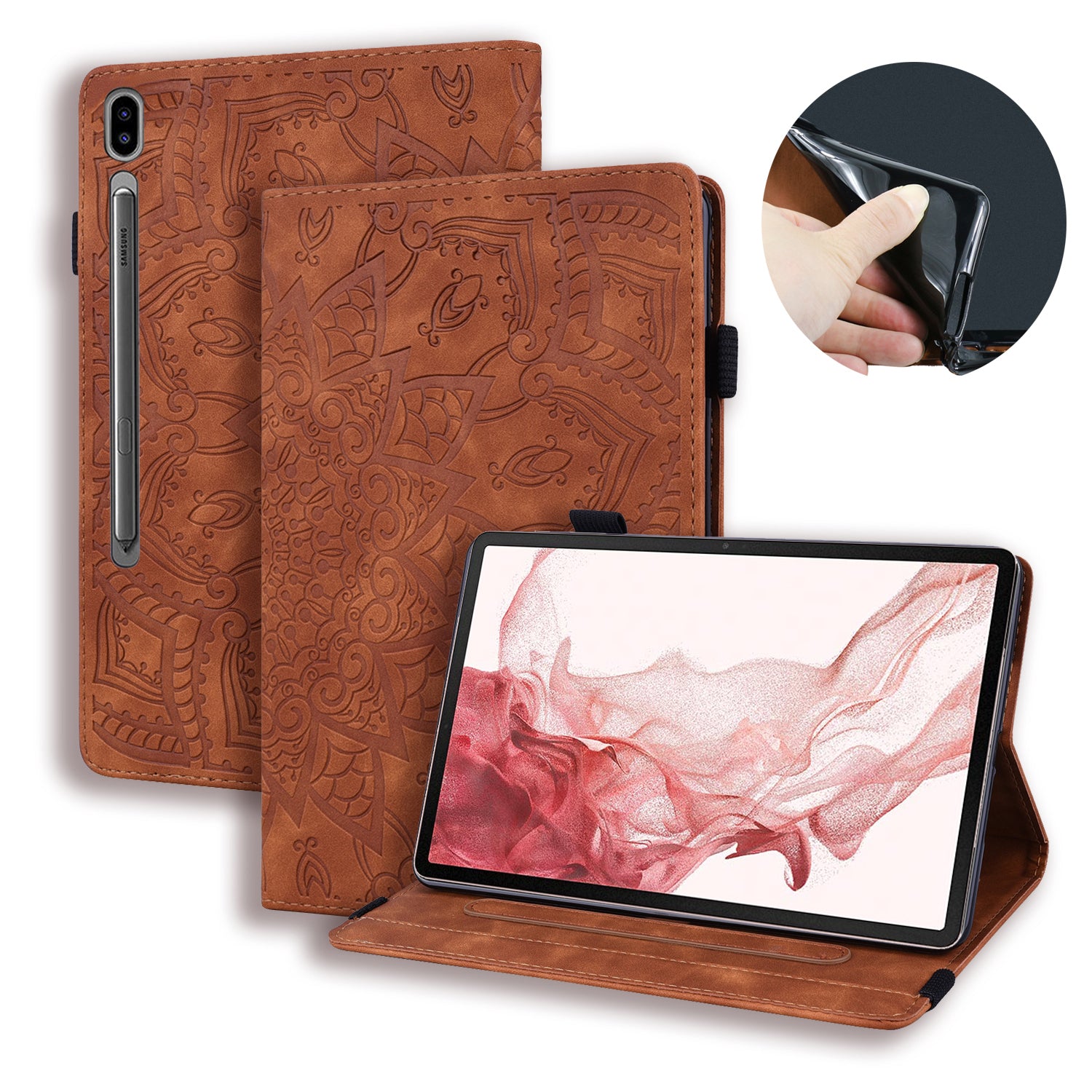 For Samsung Galaxy Tab S9 FE+ Tablet Case Card Slots Leather Cover Flower Pattern - Brown