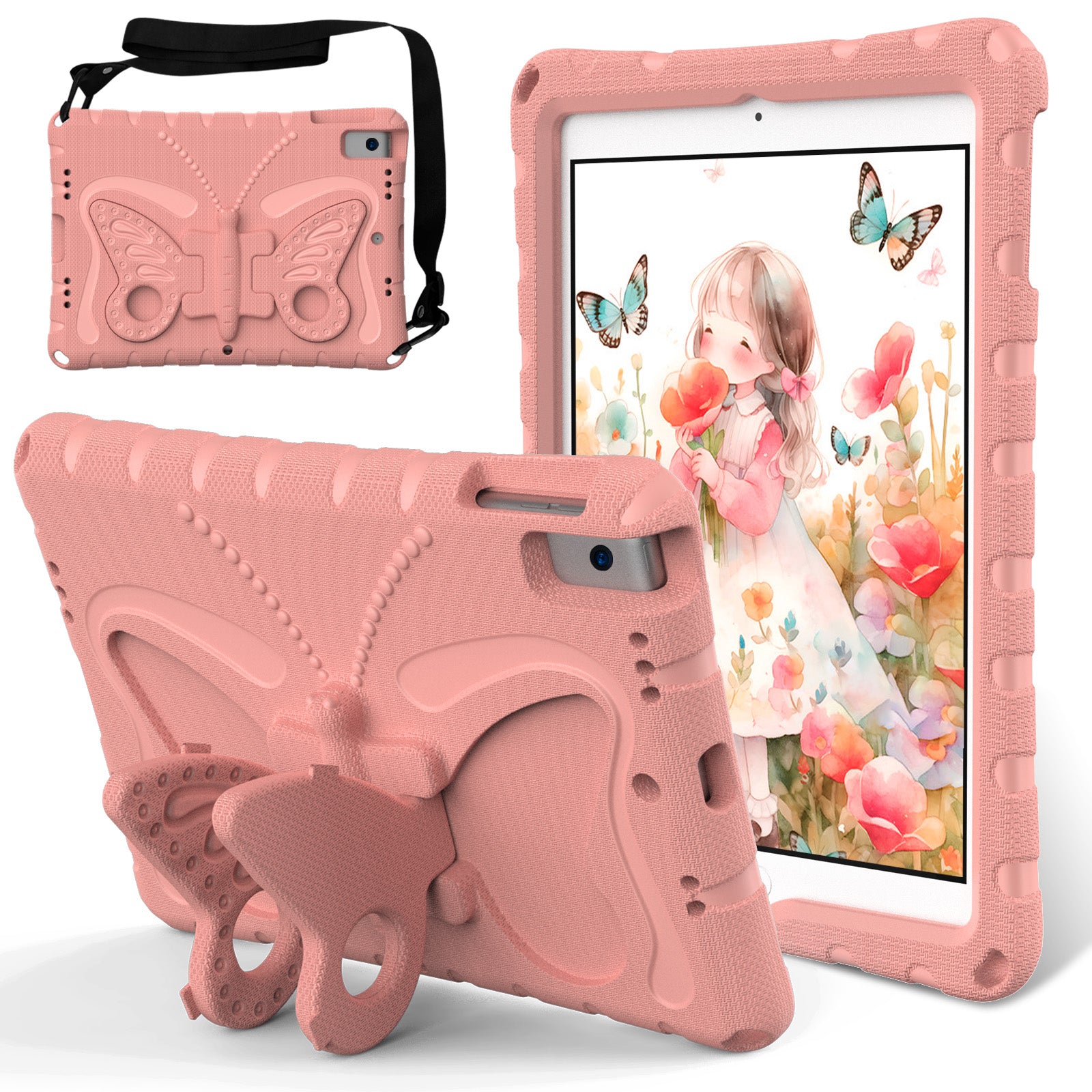 For iPad 10.2 (2021) / (2020) / (2019) / iPad Air 10.5 inch (2019) Case Butterfly Kickstand EVA Tablet Cover with Lanyard - Pink