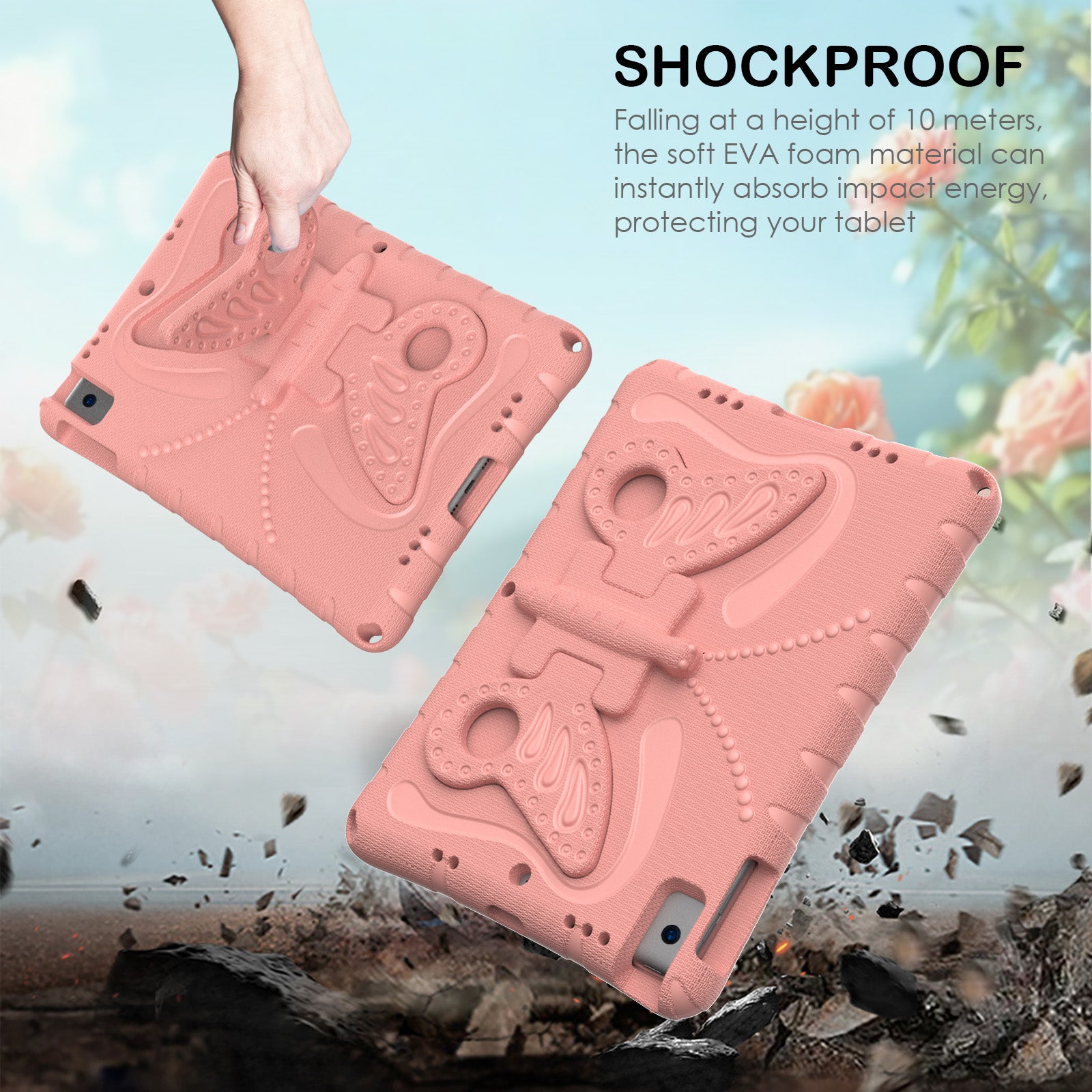 For iPad 10.2 (2021) / (2020) / (2019) / iPad Air 10.5 inch (2019) Case Butterfly Kickstand EVA Tablet Cover with Lanyard - Pink