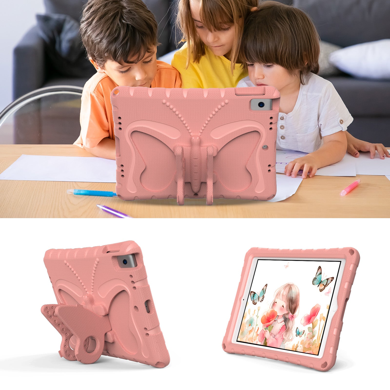 For iPad 10.2 (2021) / (2020) / (2019) / iPad Air 10.5 inch (2019) Case Butterfly Kickstand EVA Tablet Cover with Lanyard - Pink