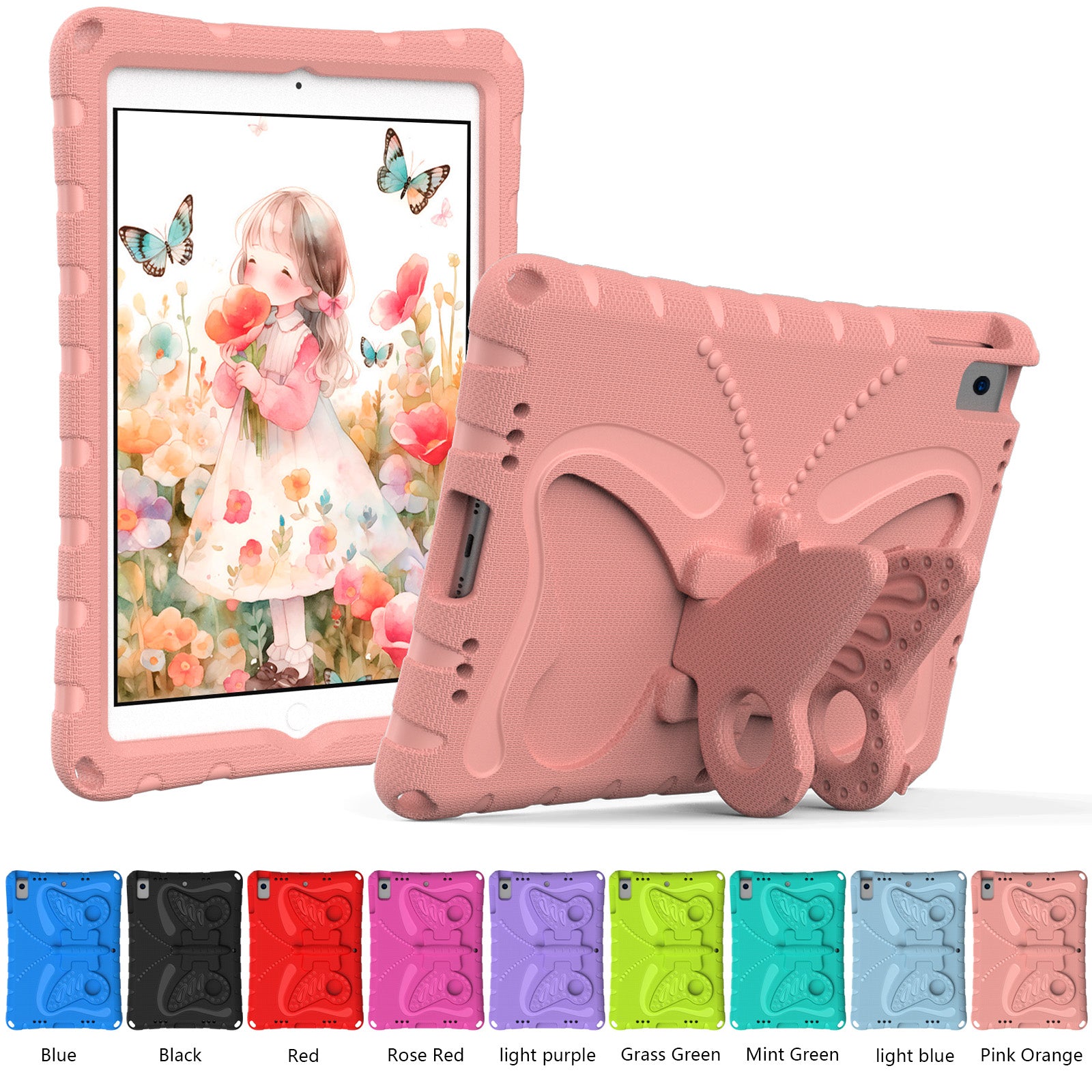 For iPad 10.2 (2021) / (2020) / (2019) / iPad Air 10.5 inch (2019) Case Butterfly Kickstand EVA Tablet Cover with Lanyard - Pink