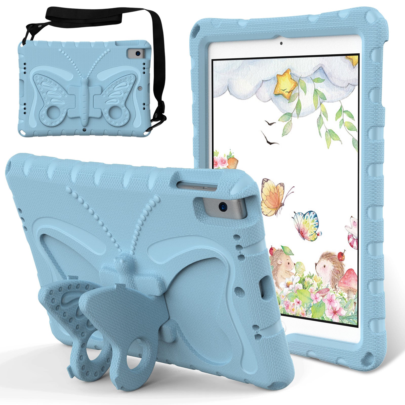 For iPad 10.2 (2021) / (2020) / (2019) / iPad Air 10.5 inch (2019) Case Butterfly Kickstand EVA Tablet Cover with Lanyard - Baby Blue