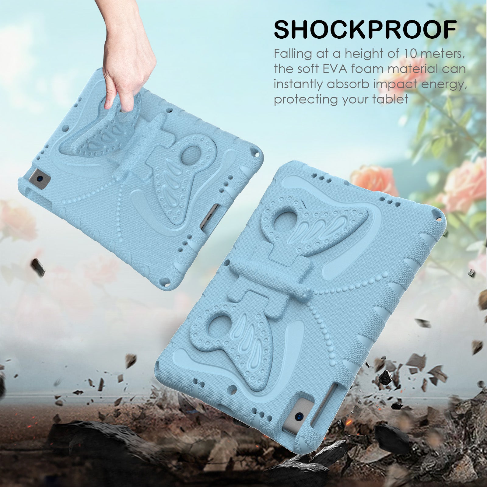 For iPad 10.2 (2021) / (2020) / (2019) / iPad Air 10.5 inch (2019) Case Butterfly Kickstand EVA Tablet Cover with Lanyard - Baby Blue