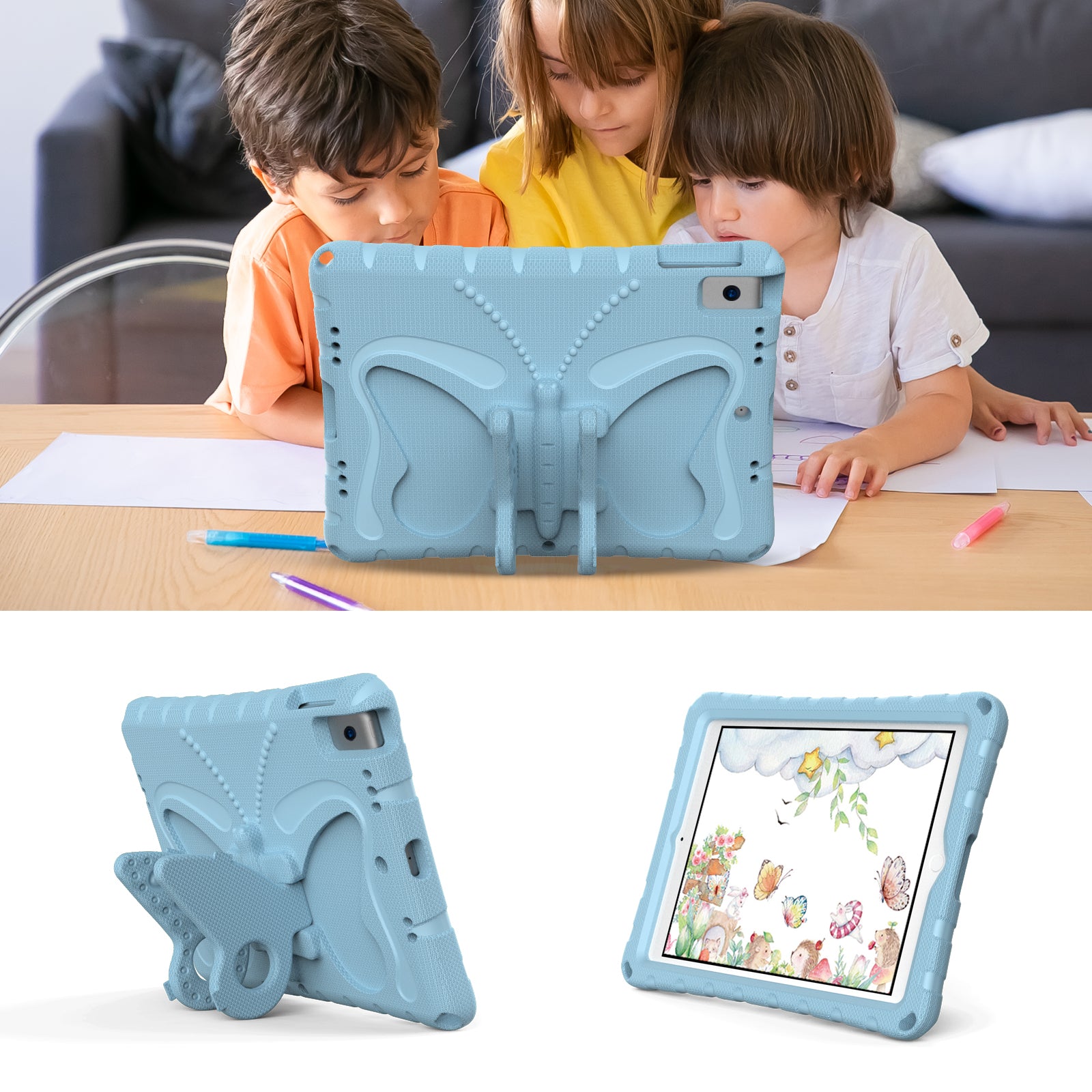 For iPad 10.2 (2021) / (2020) / (2019) / iPad Air 10.5 inch (2019) Case Butterfly Kickstand EVA Tablet Cover with Lanyard - Baby Blue