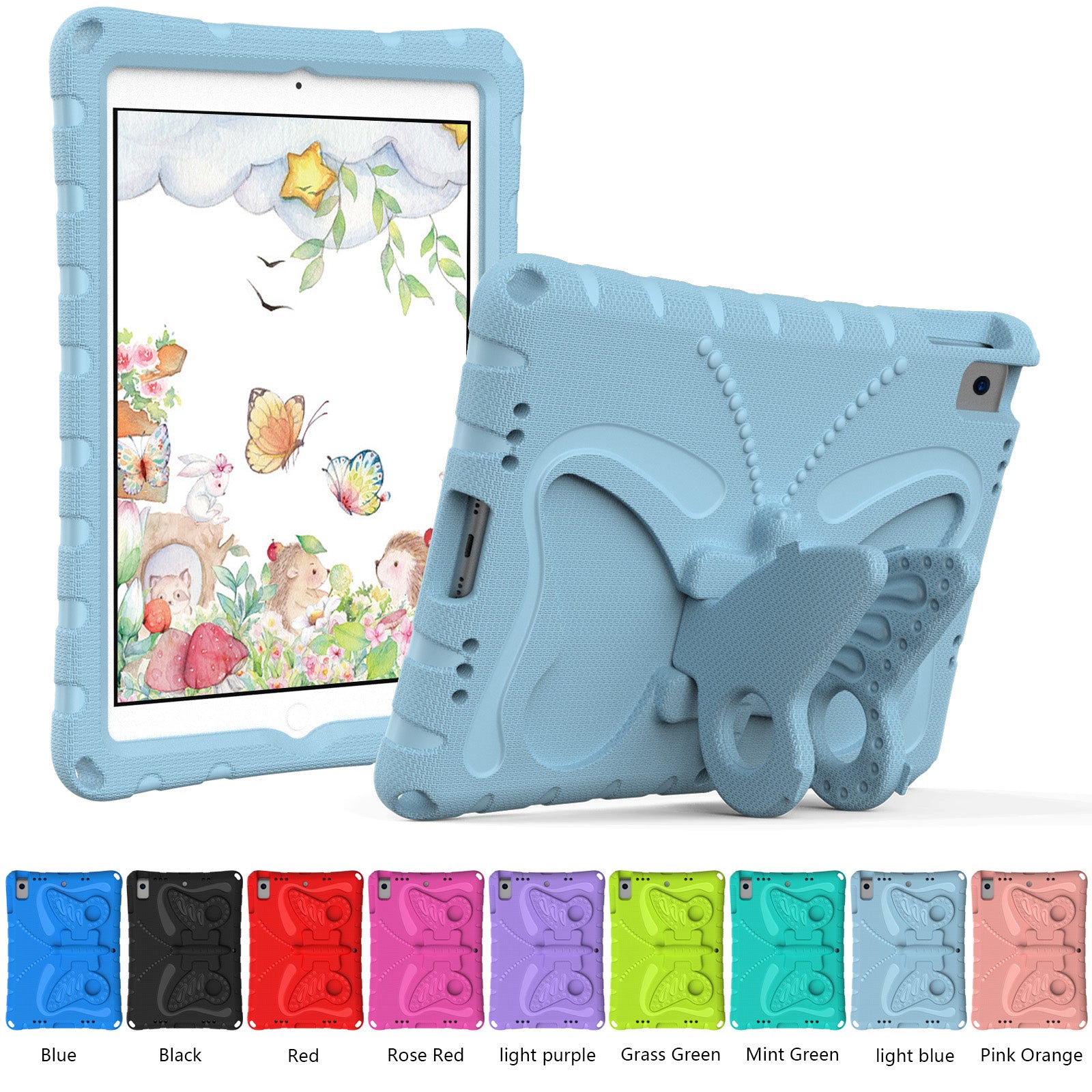 For iPad 10.2 (2021) / (2020) / (2019) / iPad Air 10.5 inch (2019) Case Butterfly Kickstand EVA Tablet Cover with Lanyard - Baby Blue