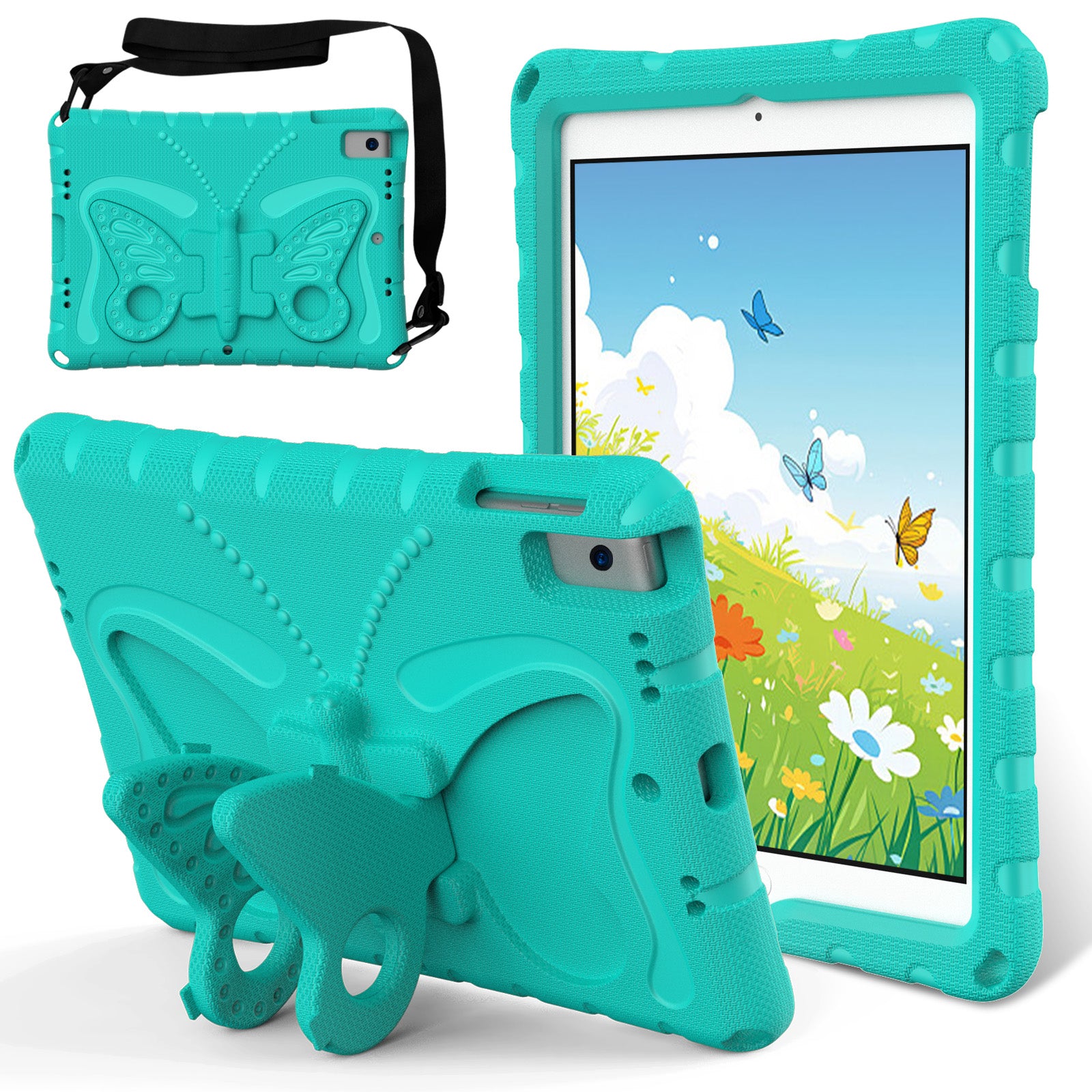 For iPad 10.2 (2021) / (2020) / (2019) / iPad Air 10.5 inch (2019) Case Butterfly Kickstand EVA Tablet Cover with Lanyard - Mint Green