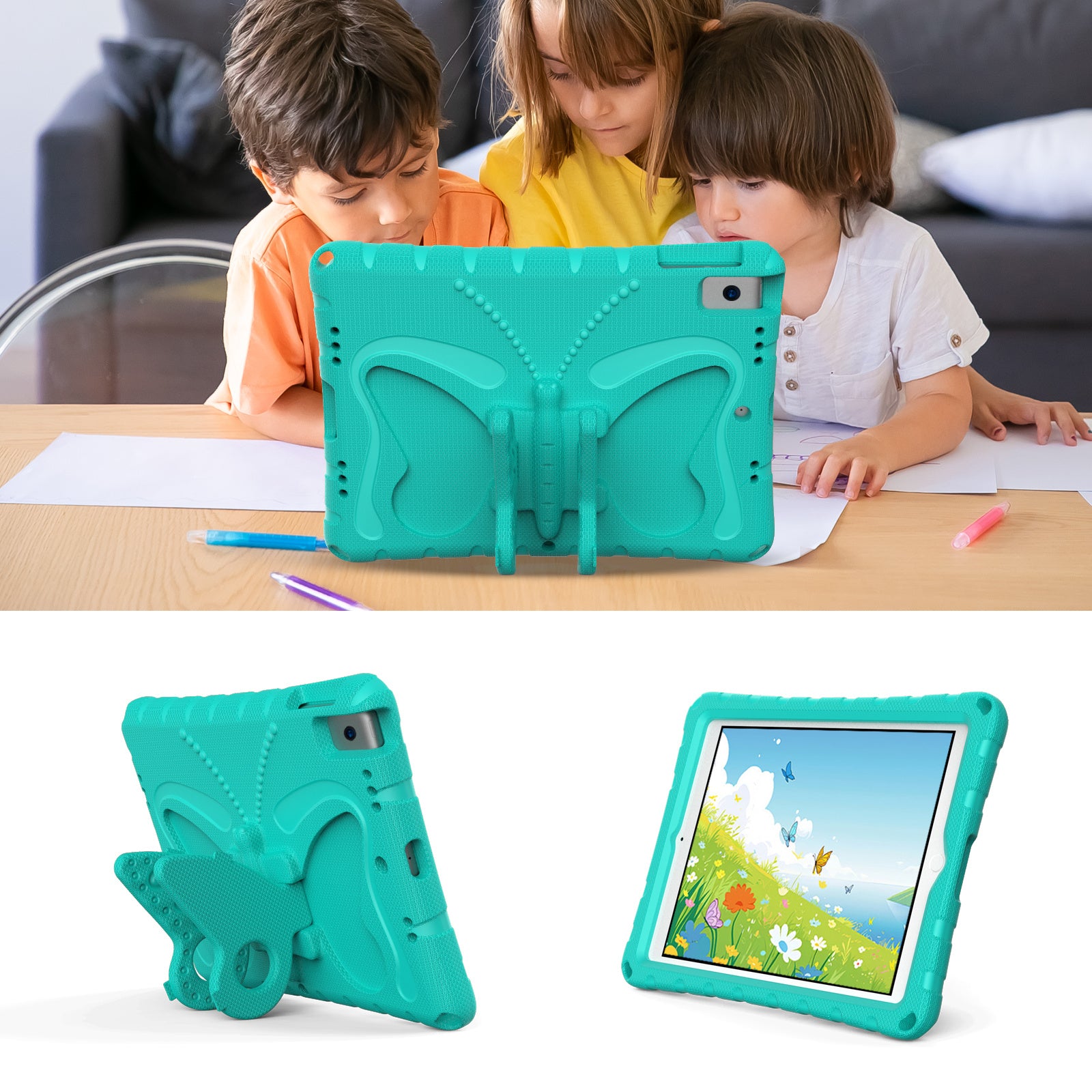 For iPad 10.2 (2021) / (2020) / (2019) / iPad Air 10.5 inch (2019) Case Butterfly Kickstand EVA Tablet Cover with Lanyard - Mint Green