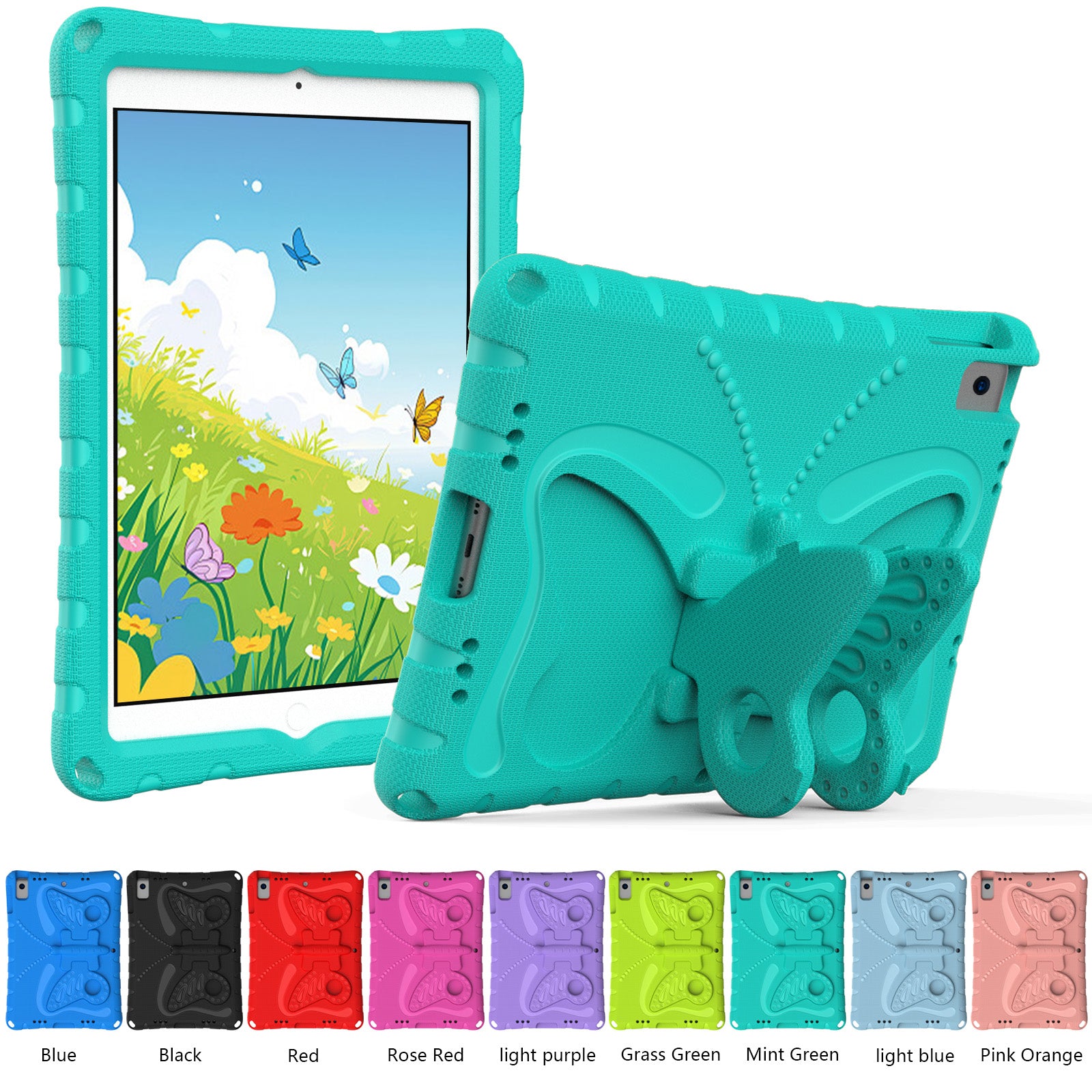 For iPad 10.2 (2021) / (2020) / (2019) / iPad Air 10.5 inch (2019) Case Butterfly Kickstand EVA Tablet Cover with Lanyard - Mint Green