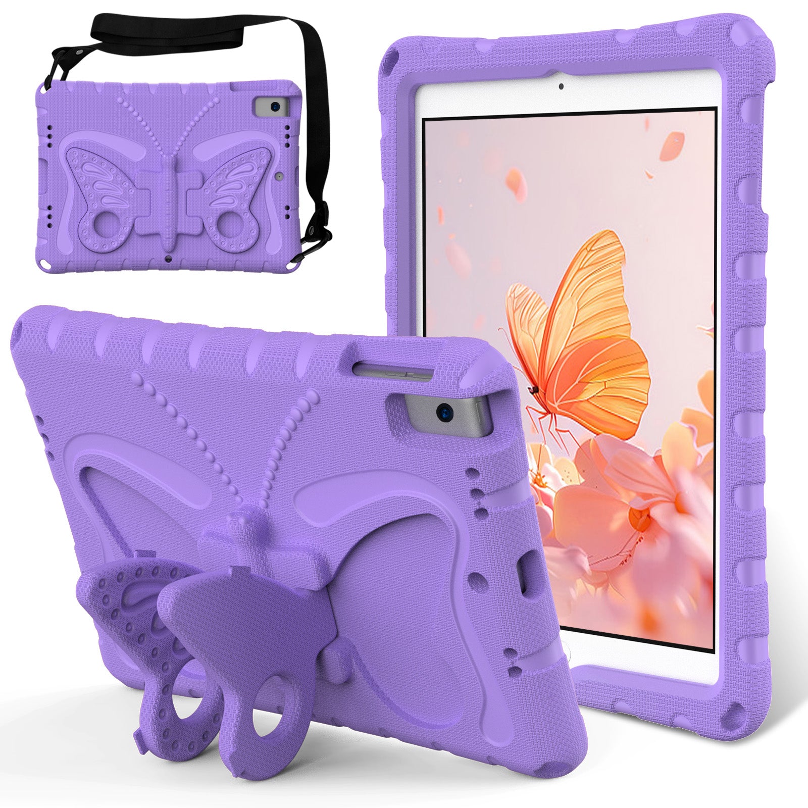 For iPad 10.2 (2021) / (2020) / (2019) / iPad Air 10.5 inch (2019) Case Butterfly Kickstand EVA Tablet Cover with Lanyard - Purple