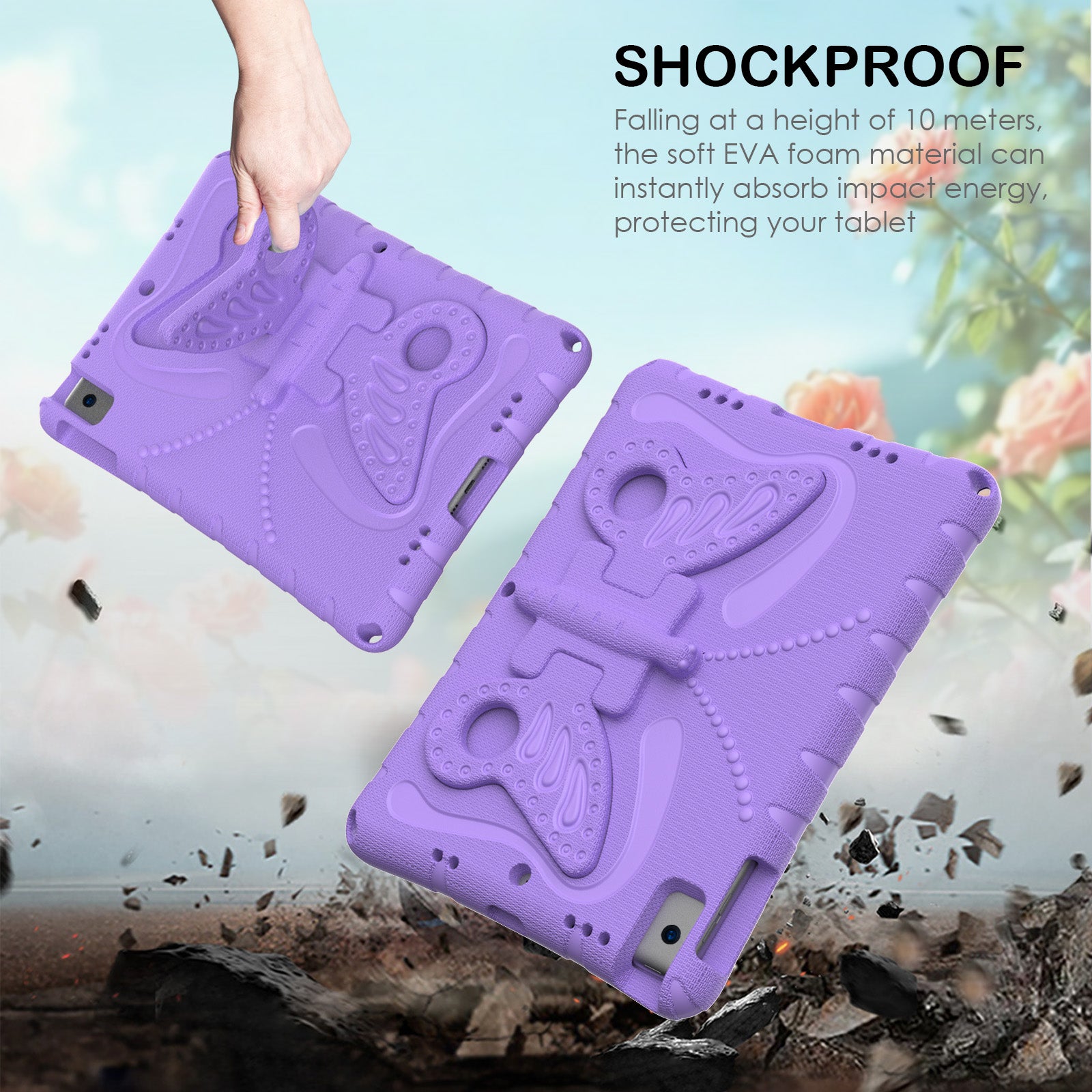 For iPad 10.2 (2021) / (2020) / (2019) / iPad Air 10.5 inch (2019) Case Butterfly Kickstand EVA Tablet Cover with Lanyard - Purple