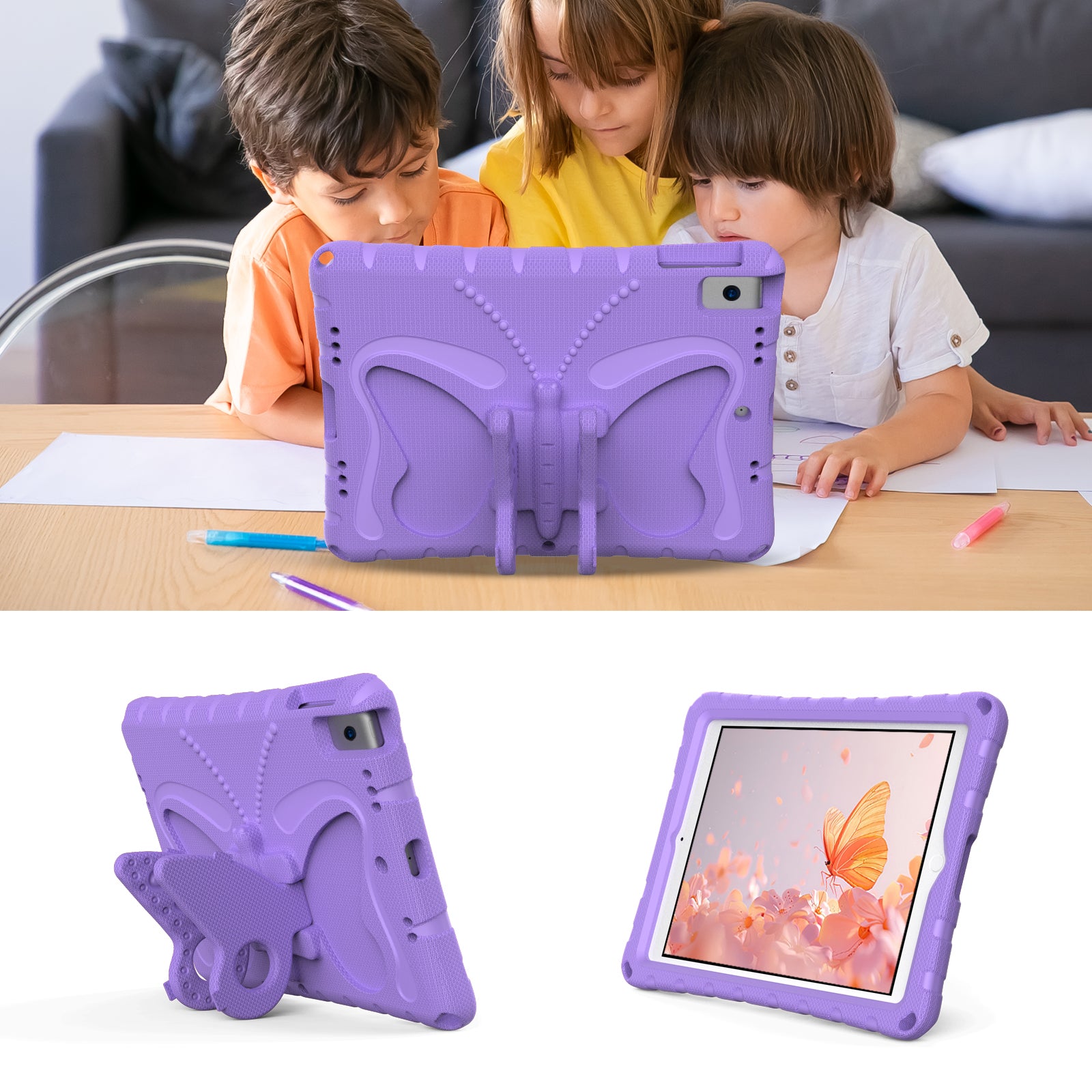 For iPad 10.2 (2021) / (2020) / (2019) / iPad Air 10.5 inch (2019) Case Butterfly Kickstand EVA Tablet Cover with Lanyard - Purple