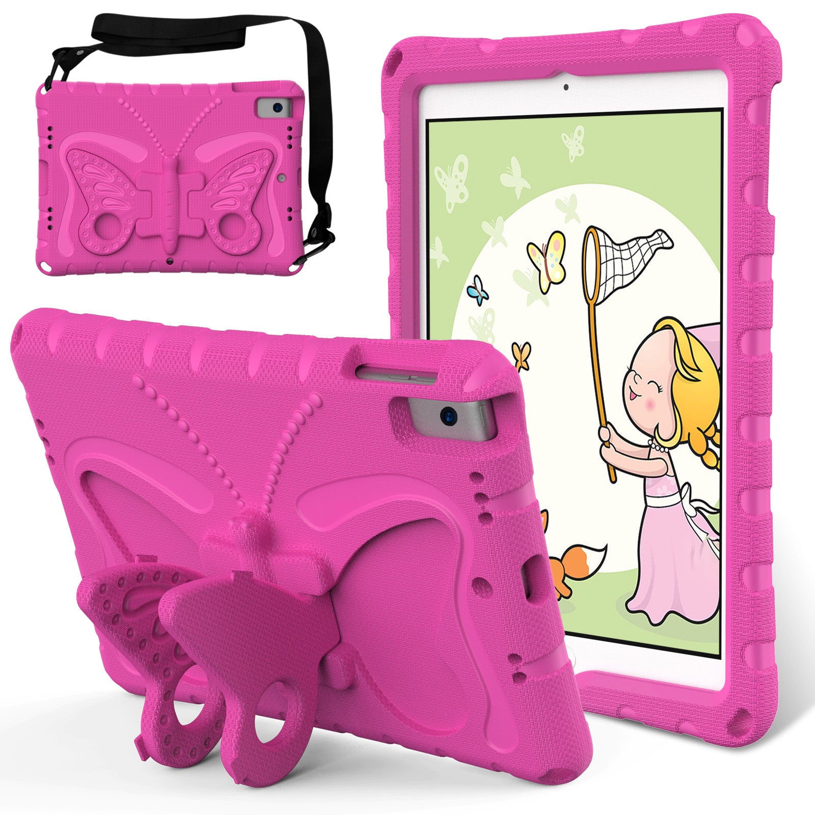 For iPad 10.2 (2021) / (2020) / (2019) / iPad Air 10.5 inch (2019) Case Butterfly Kickstand EVA Tablet Cover with Lanyard - Rose