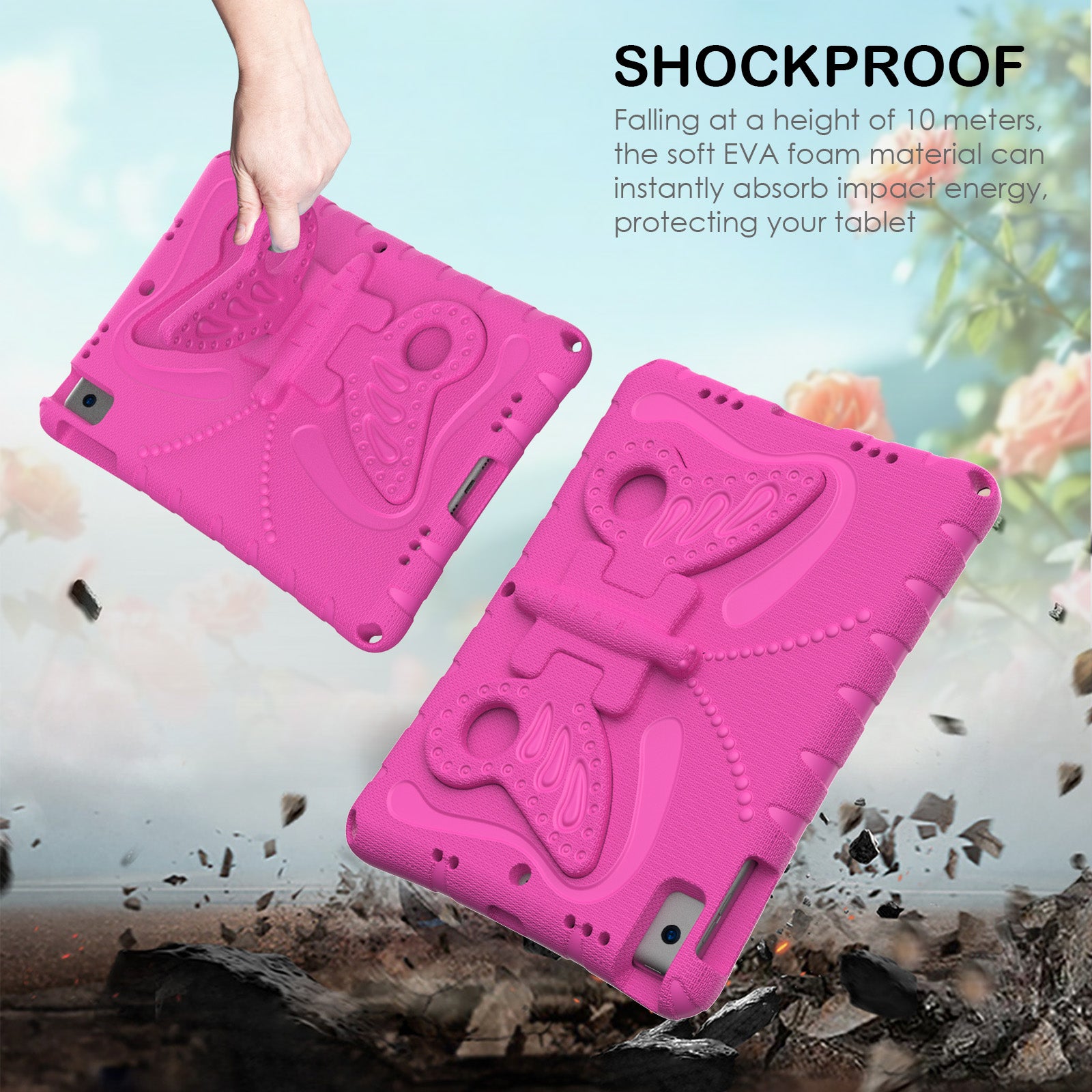 For iPad 10.2 (2021) / (2020) / (2019) / iPad Air 10.5 inch (2019) Case Butterfly Kickstand EVA Tablet Cover with Lanyard - Rose