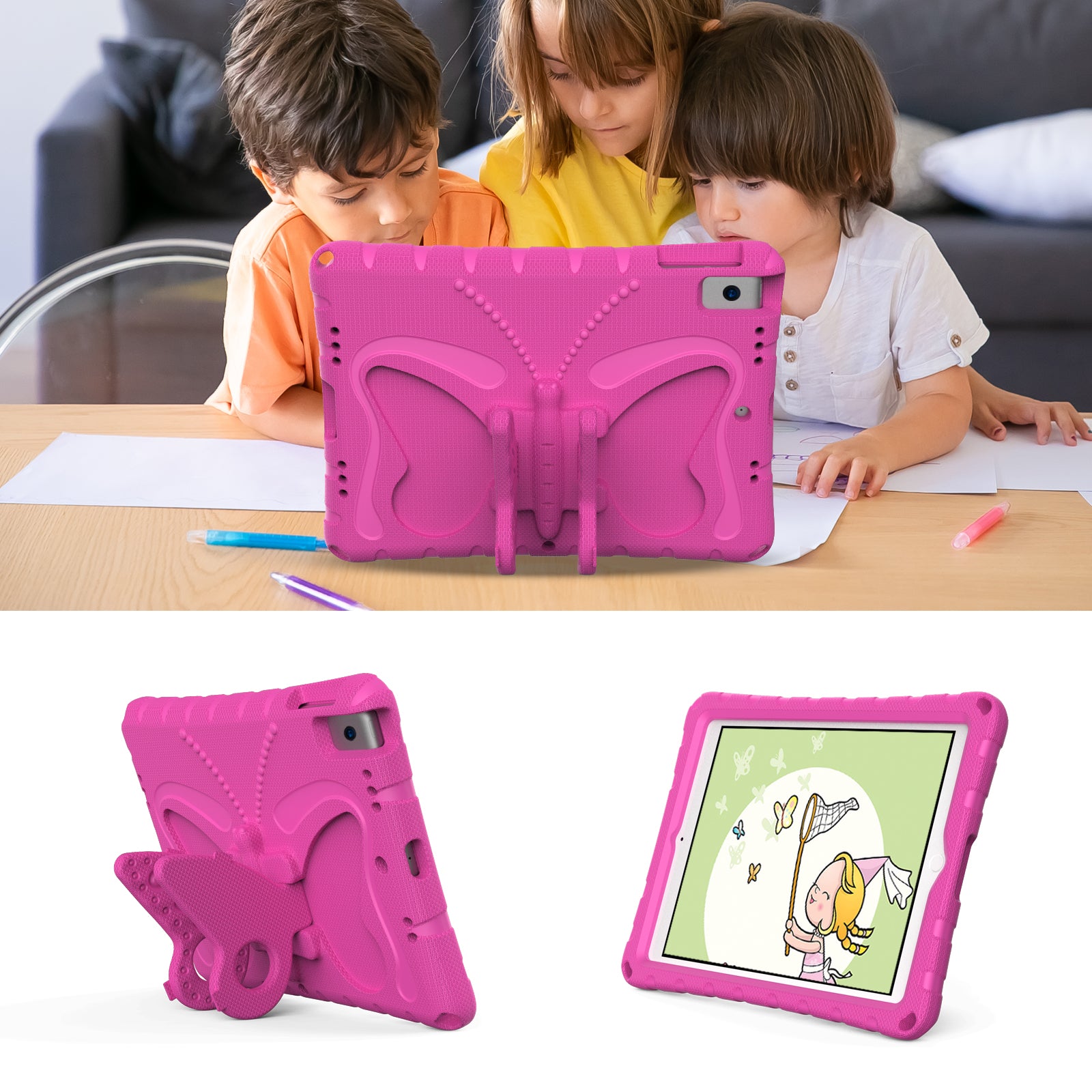 For iPad 10.2 (2021) / (2020) / (2019) / iPad Air 10.5 inch (2019) Case Butterfly Kickstand EVA Tablet Cover with Lanyard - Rose