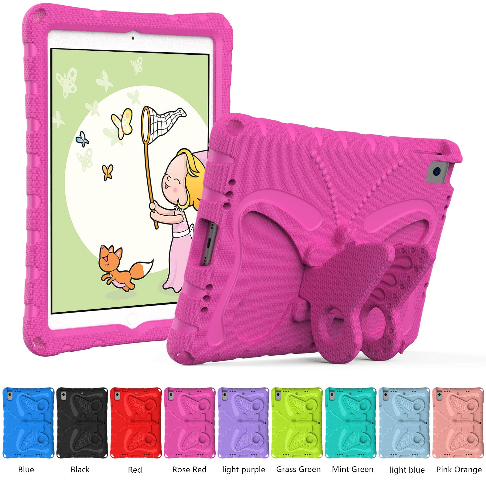 For iPad 10.2 (2021) / (2020) / (2019) / iPad Air 10.5 inch (2019) Case Butterfly Kickstand EVA Tablet Cover with Lanyard - Rose