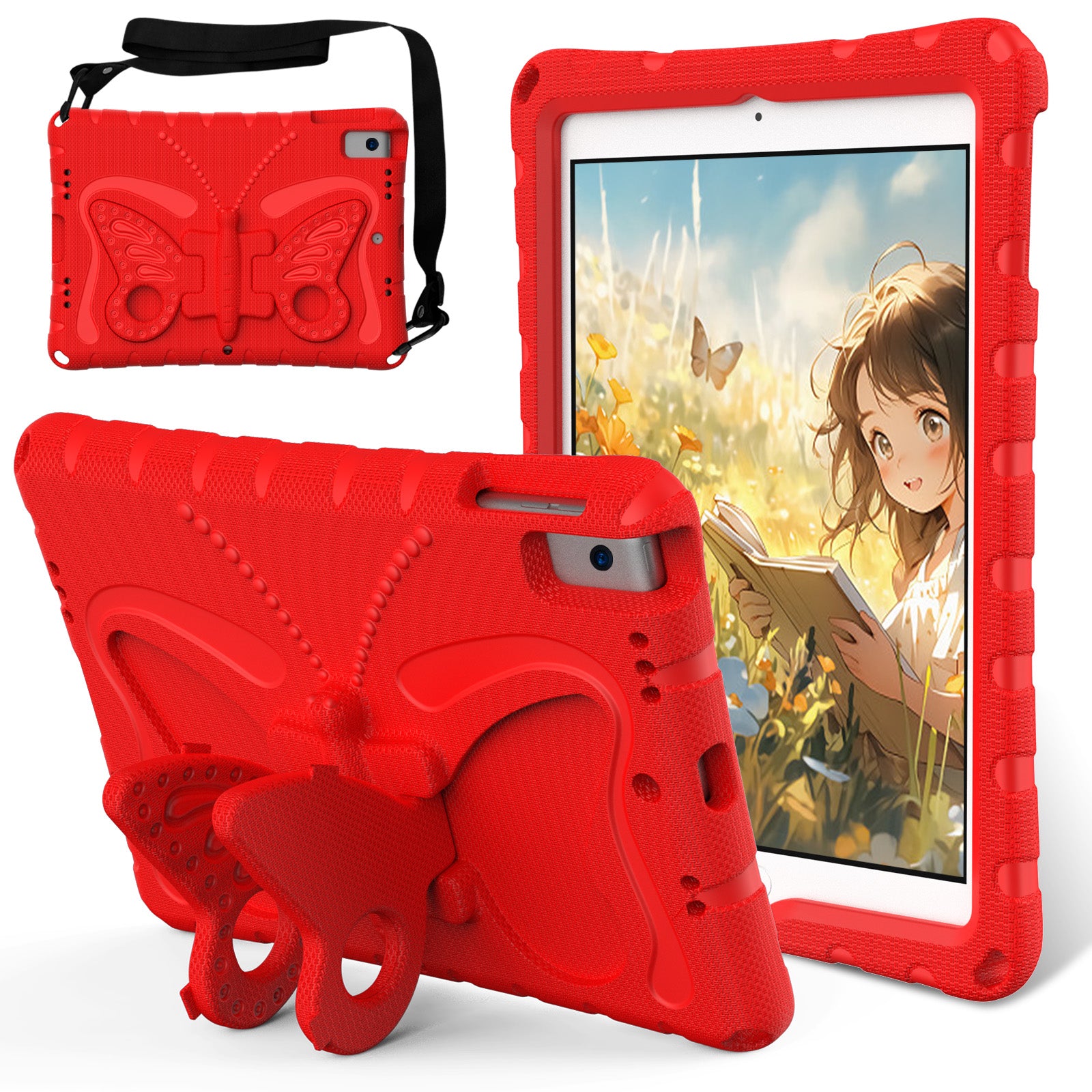 For iPad 10.2 (2021) / (2020) / (2019) / iPad Air 10.5 inch (2019) Case Butterfly Kickstand EVA Tablet Cover with Lanyard - Red