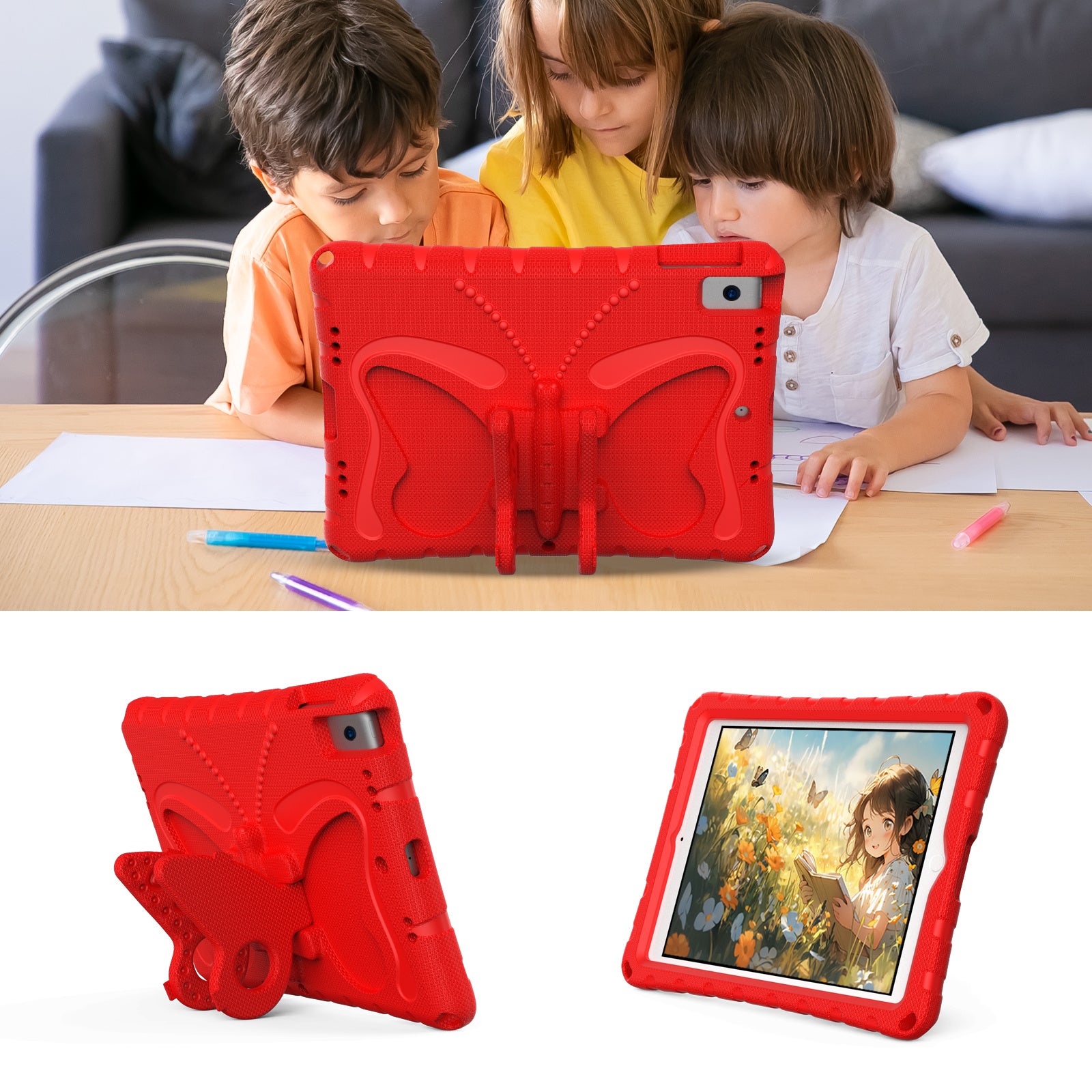 For iPad 10.2 (2021) / (2020) / (2019) / iPad Air 10.5 inch (2019) Case Butterfly Kickstand EVA Tablet Cover with Lanyard - Red