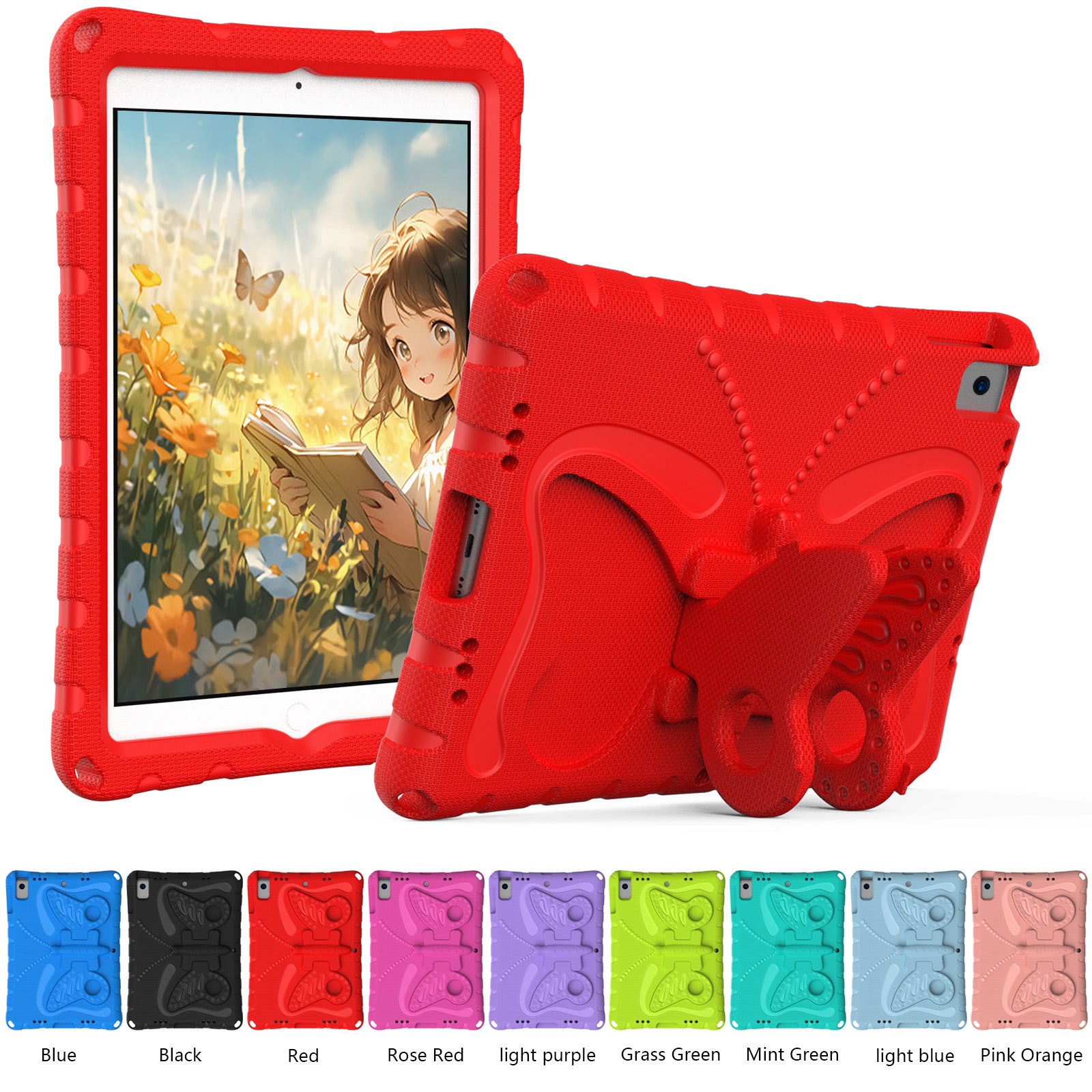 For iPad 10.2 (2021) / (2020) / (2019) / iPad Air 10.5 inch (2019) Case Butterfly Kickstand EVA Tablet Cover with Lanyard - Red