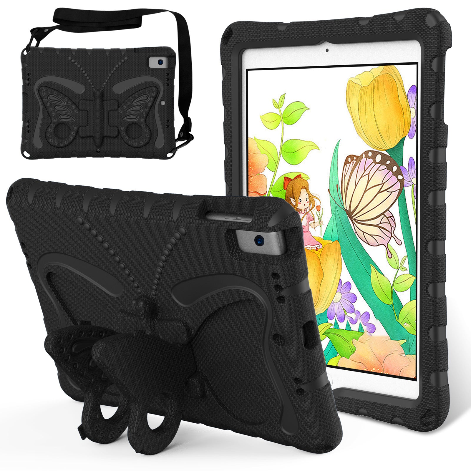 For iPad 10.2 (2021) / (2020) / (2019) / iPad Air 10.5 inch (2019) Case Butterfly Kickstand EVA Tablet Cover with Lanyard - Black