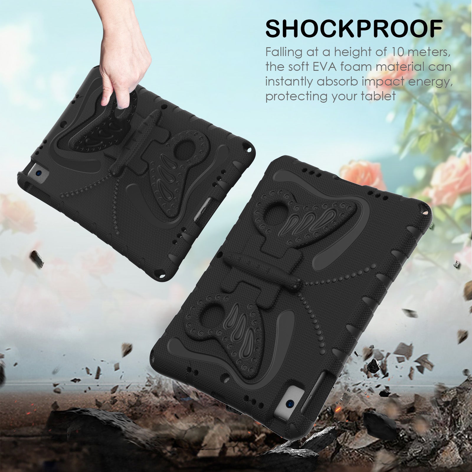 For iPad 10.2 (2021) / (2020) / (2019) / iPad Air 10.5 inch (2019) Case Butterfly Kickstand EVA Tablet Cover with Lanyard - Black