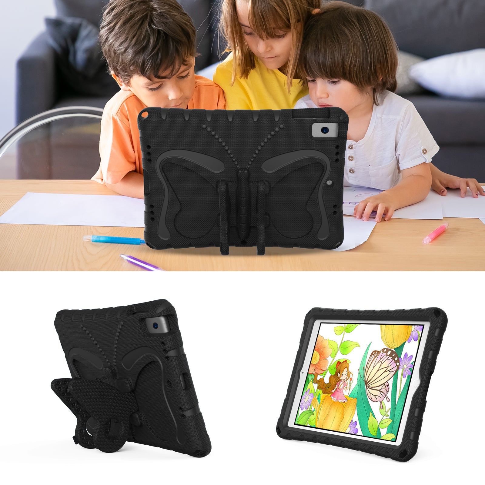 For iPad 10.2 (2021) / (2020) / (2019) / iPad Air 10.5 inch (2019) Case Butterfly Kickstand EVA Tablet Cover with Lanyard - Black