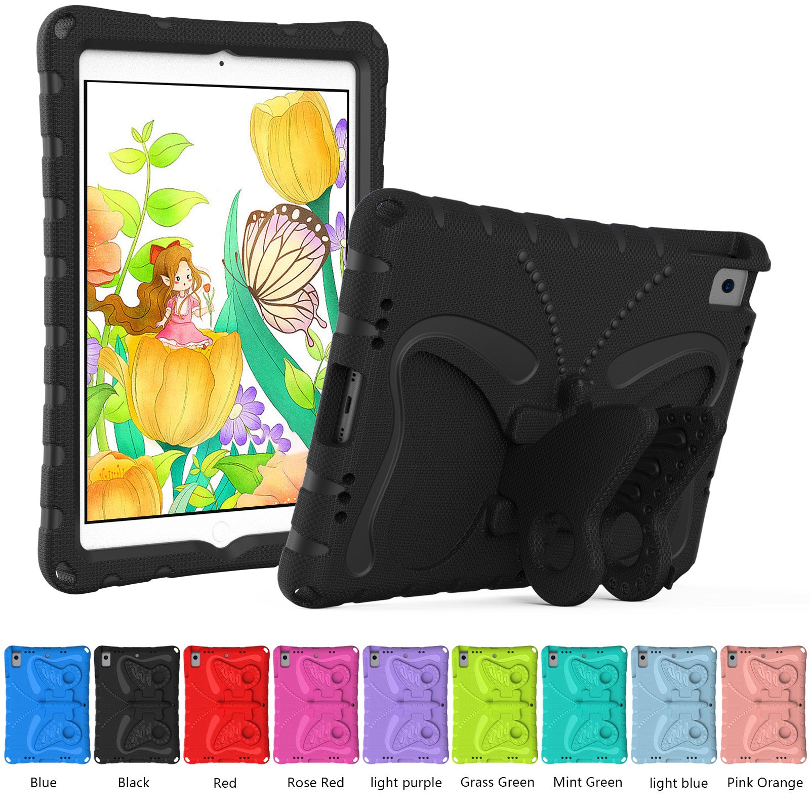 For iPad 10.2 (2021) / (2020) / (2019) / iPad Air 10.5 inch (2019) Case Butterfly Kickstand EVA Tablet Cover with Lanyard - Black