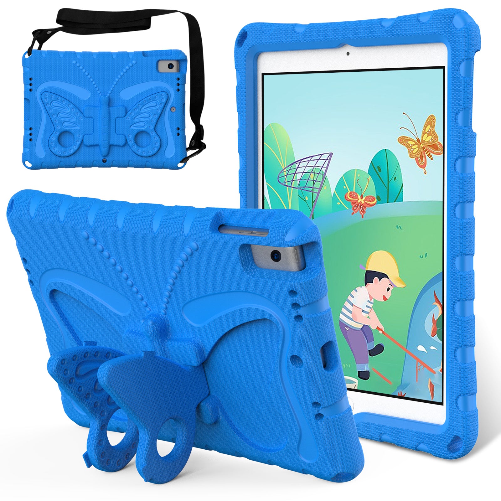 For iPad 10.2 (2021) / (2020) / (2019) / iPad Air 10.5 inch (2019) Case Butterfly Kickstand EVA Tablet Cover with Lanyard - Blue